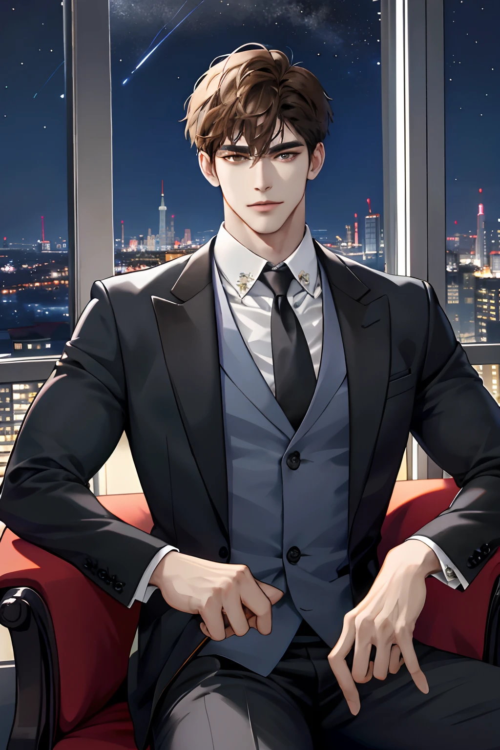 (hoang lap, k hd, ultra - detailed), (1male people, Single, AS-Adult, mature:1.4, Idade:1.4, 年轻, Tall muscular man, Handsome), Very short hair, brunette color hair, Hair oil, with brown eye,(Pointed chin:1.4,Thick neck:1.4,),Break,Night,Dark,Look at the night view of the city through the large window,formal outfit,tiese,full bodyesbian,