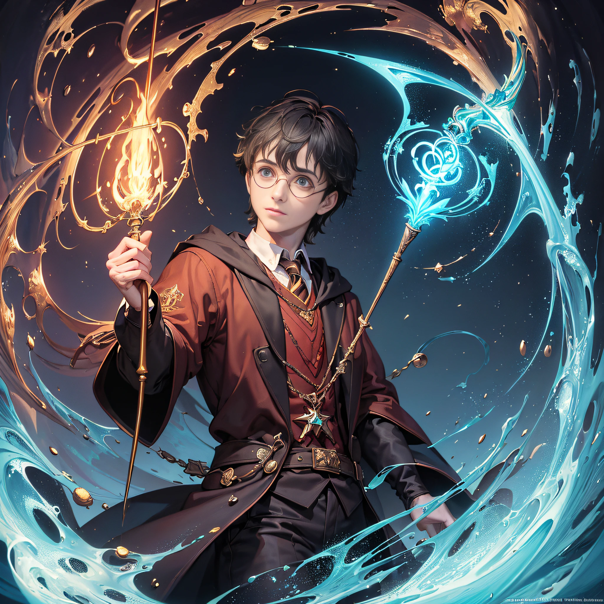 (masterpiece, best quality:1.4),(absurdres, highres, ultra detailed:1.2), (harry potter with his wooden magic wand and glasses),(using dark magic:1.4), glowing red magic, flaming light blue magic ,playful illustrations, imaginative overlays, artistic fusion ,fantastical scenes, evocative narratives, striking visuals, upper body