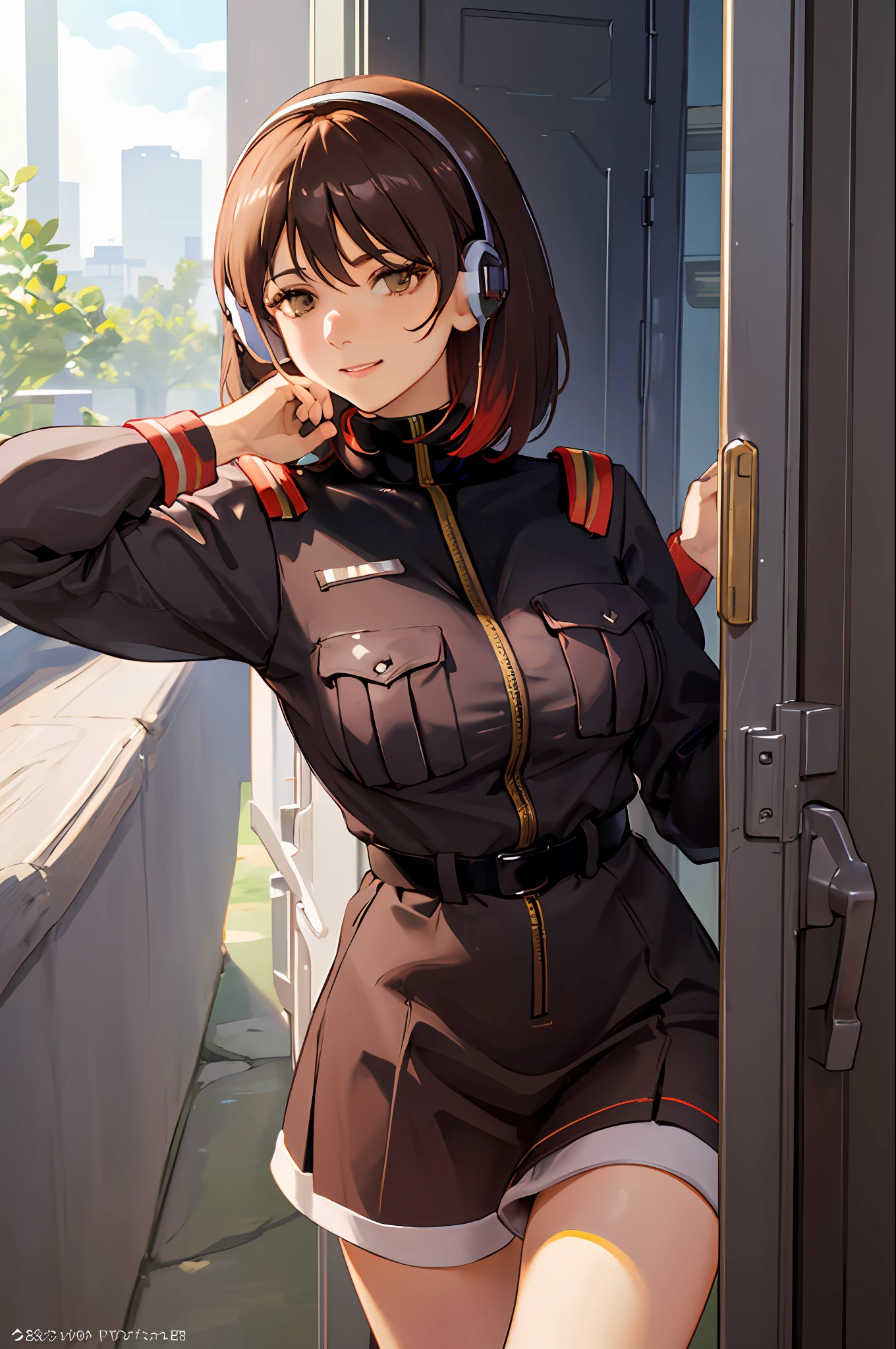 (natta:1.7), jpn, TOKYOcty, CityView, In front of the window,(a closeup),(The upper part of the body_Body),
Stand with caution、in a room with a wall and a door behind her、The upper part of the body、
military uniform
 Brown hair、Brown-eyed、shorth hair、headphones、
1 girl in、24 year old、a matural female、Beautiful Finger、beautiful long leg、Beautiful body、Beautiful nose、Beautiful character design、perfect  eyes、face perfect、
looking at viewerer、In the center of the image、
NSFW、Official art、Highly detailed CG Unity 8k wallpaper、Perfect litthing、colourfull、Bright_front_Face_Lighting、
(​masterpiece:1.0)、(best_quality:1.0)、超A high resolution、4K、The ultra-detailliert、
Photo Shot、8K、nffsw、hight resolution、absurderes:1.2、Kodak Portra 400、film grains、blurry backround、bokeh dof:1.2、lensflare、(Vibrant_Color:1.2)
(Beautiful fece,Large_breasts:1.1), (Beautiful_Face:1.5),(narrow_waist),