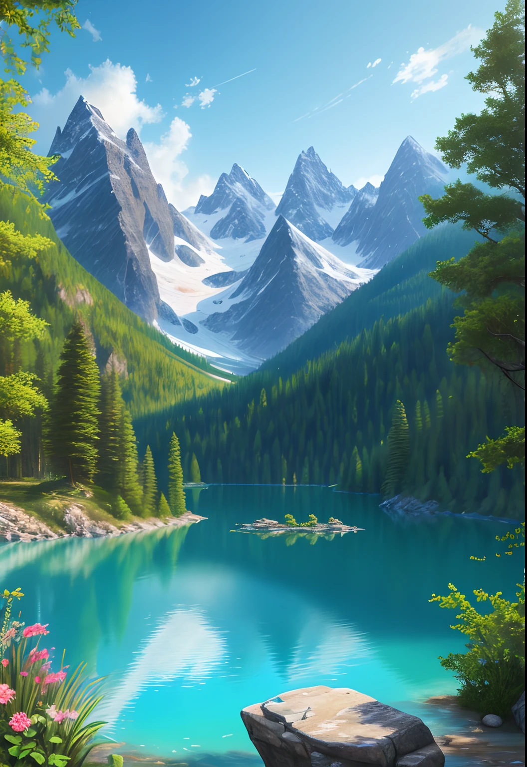 scenecy,Eau,arcadia,Mountains all around,A col in the middle,Turquoise lake,(Very detailed CG unity 8k wallpaper),most beautiful artwork in the world,iintricate,high detal,sharp fokus,dramatics,Realistic painting art