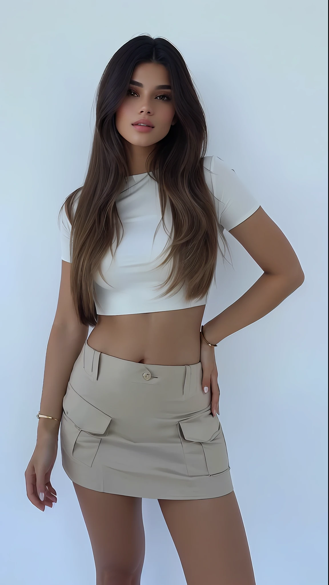 Beautiful woman in white shirt and khaki skirt posing for photo, usando um top cropped sexy, usando um top cropped, midriff exposto, pele bronzeada uma camiseta e saia curta, vestido com um top e saia curta, Bonito midriff, tinyest midriff ever, usando um top cropped, usando crop top, usando um crop top