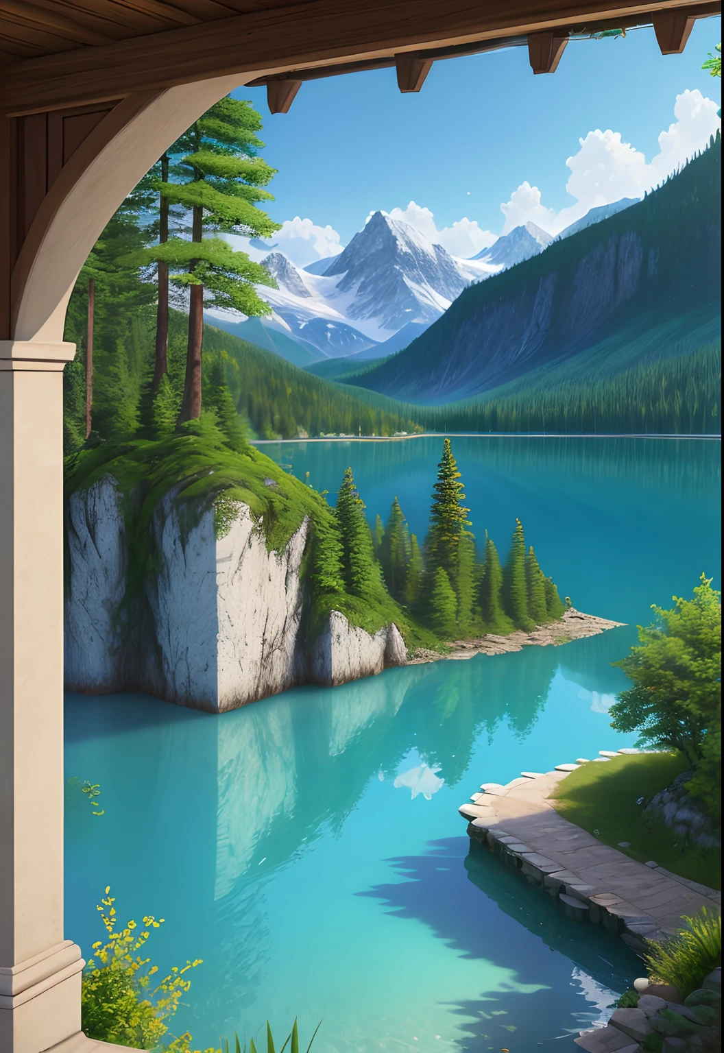 scenecy,Eau,arcadia,Mountains all around,A col in the middle,Turquoise lake,(Very detailed CG unity 8k wallpaper),most beautiful artwork in the world,iintricate,high detal,sharp fokus,dramatics,Realistic painting art