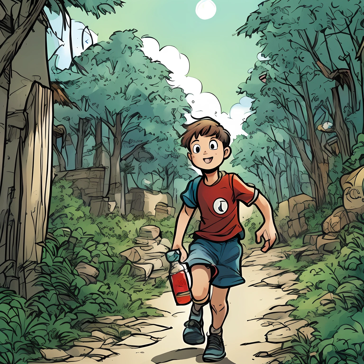 Boy finds a shining bottle in the forest、is standing、Official art, childrenbook illustration, childrens book illustration、 concept art of single boy, Diego 5, illustration for children, Promotional Art, story book illustration, Correr libremente, childrenbook illustration, tom holland: Mr. Peter, epic full color illustration