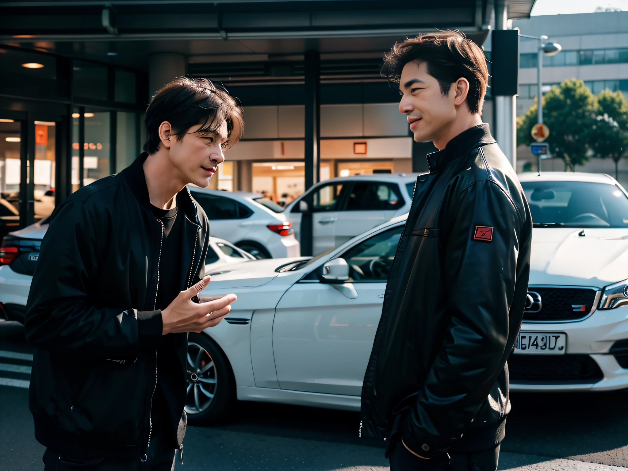 （Two men chatting），sface focus，Face the lens，sideways standing，Hands on the car，detailed face with，Casual wear，A car in the background，at the parking lot