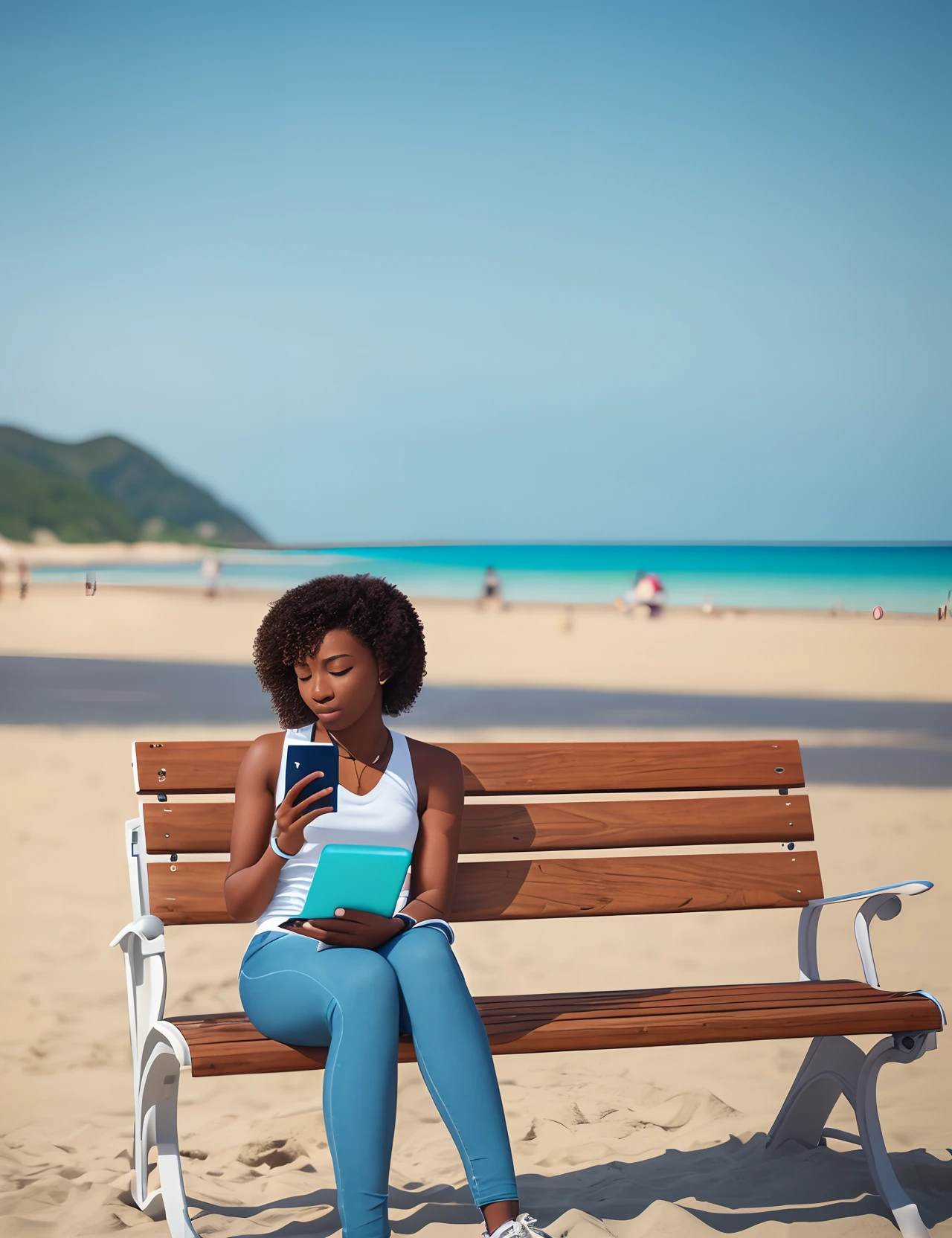 Young african american tourist woman using smartphone sitting on the bench at the beach ,8k --auto --s2