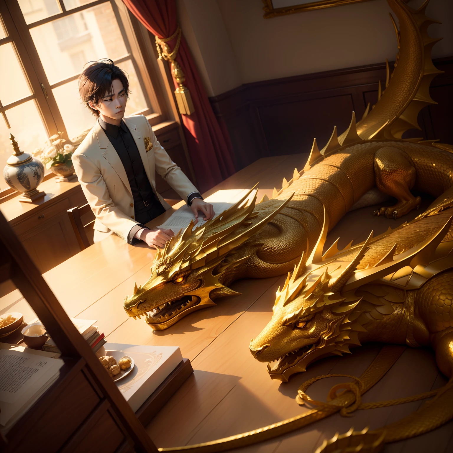 Beside him lay a golden dragon