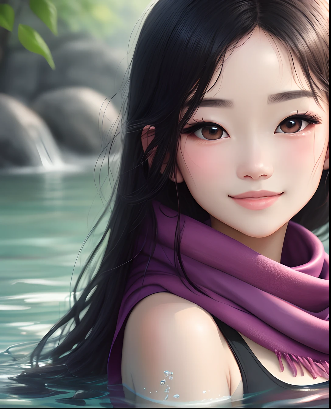 Nichiki Onsen，8K分辨率，with a round face，Cute face，White skin of the，Perfect and exquisite facial features，Mature beauty，Extremely high level of detail，Extremely high quality，messy  hair，(((Wrapped in a scarf)))，immaculate，ssmile，（Water flooded over the shoulders），（（Get wet）），（（splash of water）），（cabelos preto e longos)，long eyelasher，Oily lips，Shiny lips，Close-up of lips，largeeyes，Confused eyes，Smiling，Pure，Blur your figure underwater，upperbody closeup，（（（in a panoramic view））），((freestyle))，16A