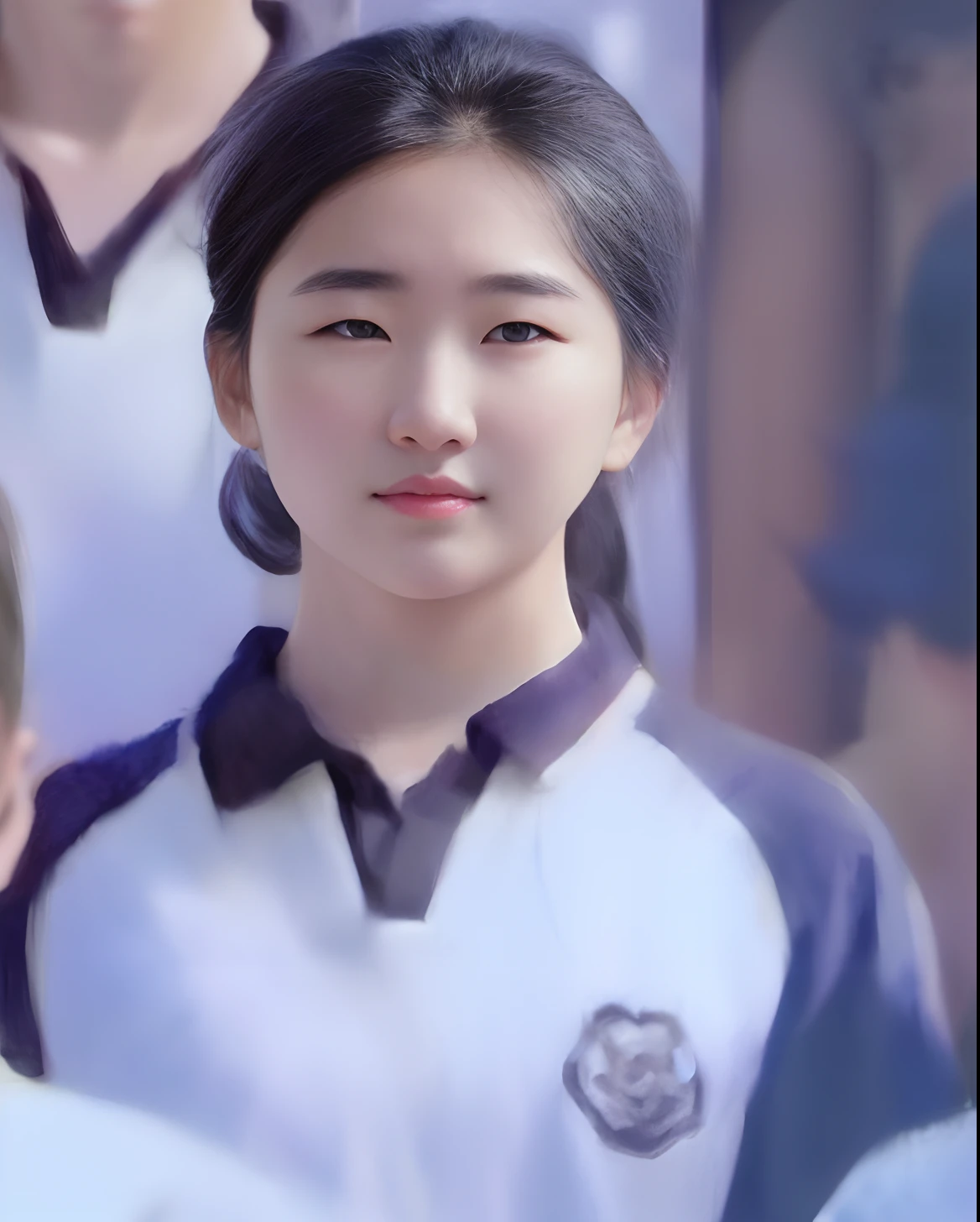 there is a woman that is standing in front of a bunch of people, inspired by Sim Sa-jeong, jaeyeon nam, inspirado por Kim Jeong-hui, Guviz, Korean girl, Guviz-style artwork, Soft portrait, jiyun chae, [ Digital art ]!!, Photorealistic!!!!!!! Art style, Kim Tae-joon