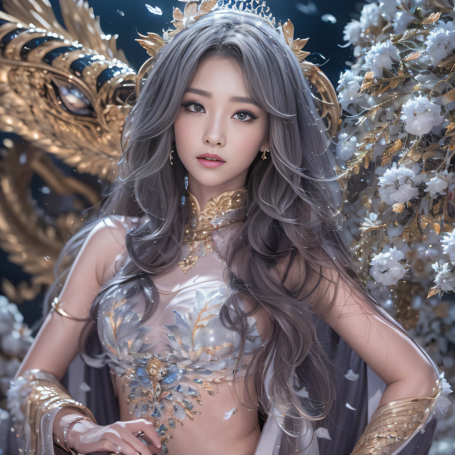 16k(tmasterpiece,k hd,hyper HD,16k)short detailed hair,Back room area,King Girl ,Silver Dragon Protector (realisticlying:1.4),Python pattern robe,Purple-pink tiara,Snowflakes fluttering,The background is pure,Hold your head high,Be proud,The nostrils look at people, A high resolution, the detail, RAW photogr, Sharp Re, Nikon D850 Film Stock Photo by Jefferies Lee 4 Kodak Portra 400 Camera F1.6 shots, Rich colors, ultra-realistic vivid textures, Dramatic lighting, Unreal Engine Art Station Trend, cinestir 800,Hold your head high,Be proud,The nostrils look at people