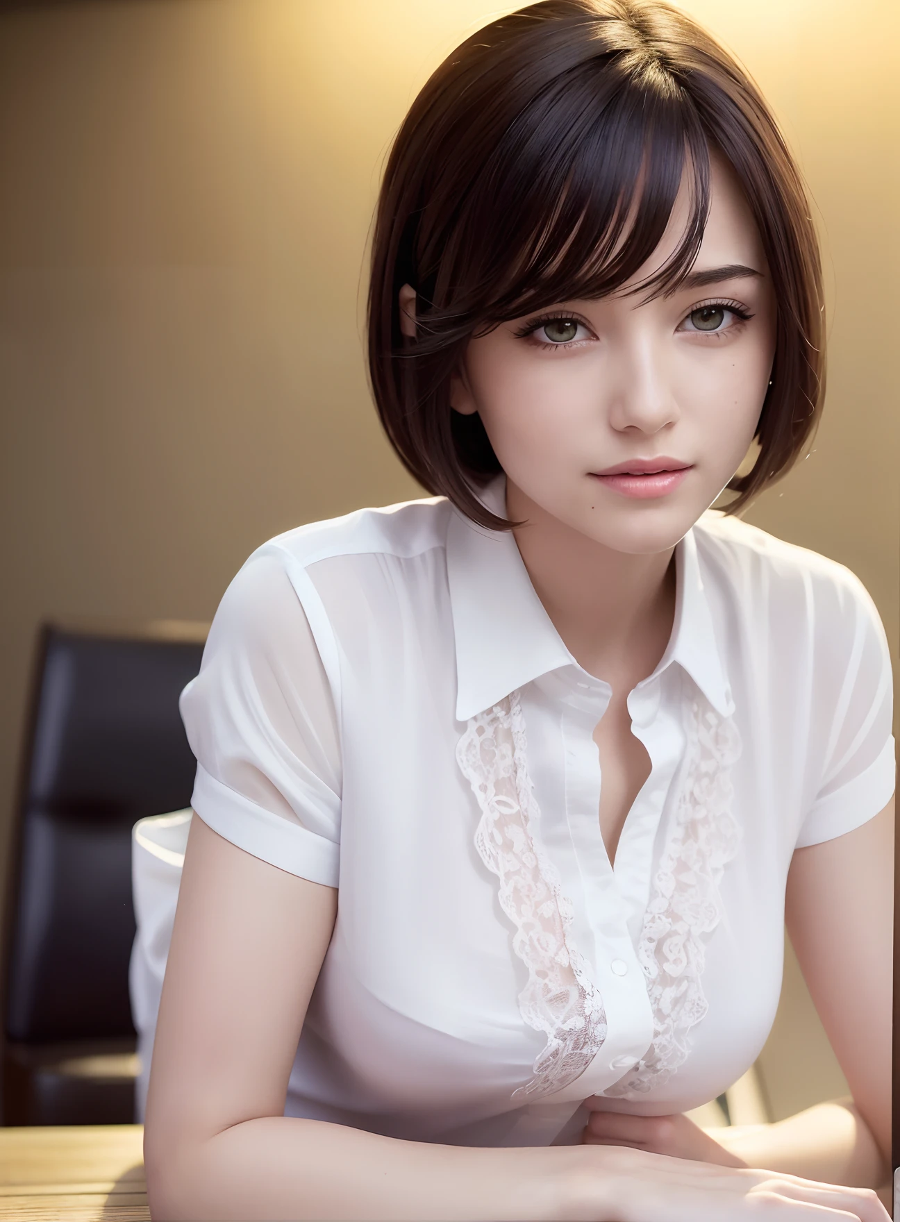 (8k, best quality, masterpiece:1.2), (realistic, photo-realistic:1.37), ultra-detailed, 1 girl,cute, solo,beautiful detailed sky,detailed cafe,night,sitting,dating,(nose blush),(smile:1.15),(closed mouth) small breasts,beautiful detailed eyes,(collared shirt:1.1), night, wet,business attire, rain,white lace, (short hair:1.2),floating hair NovaFrogStyle,
