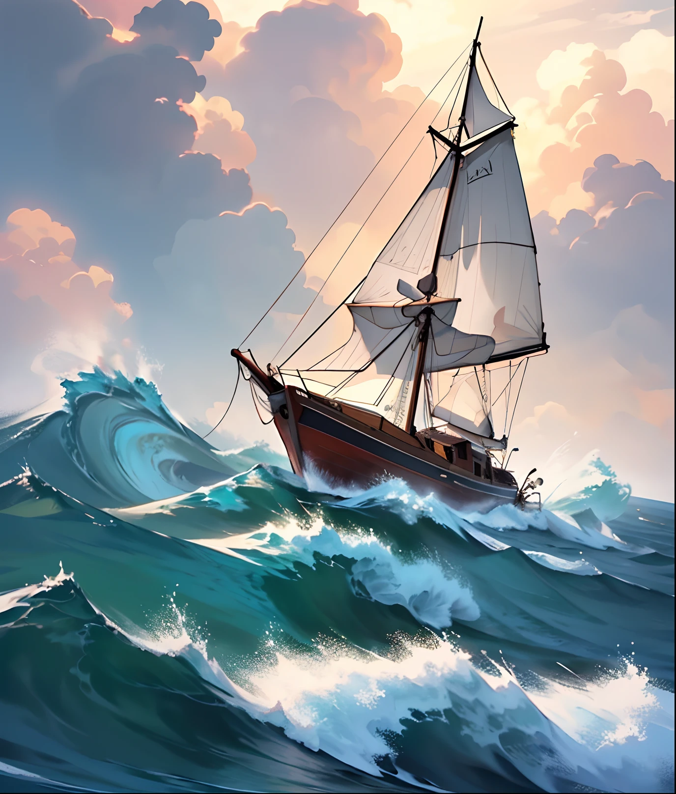 Draw beautiful scenery of a small boat sailing through intense seas, intense, detailed, cinematic,
