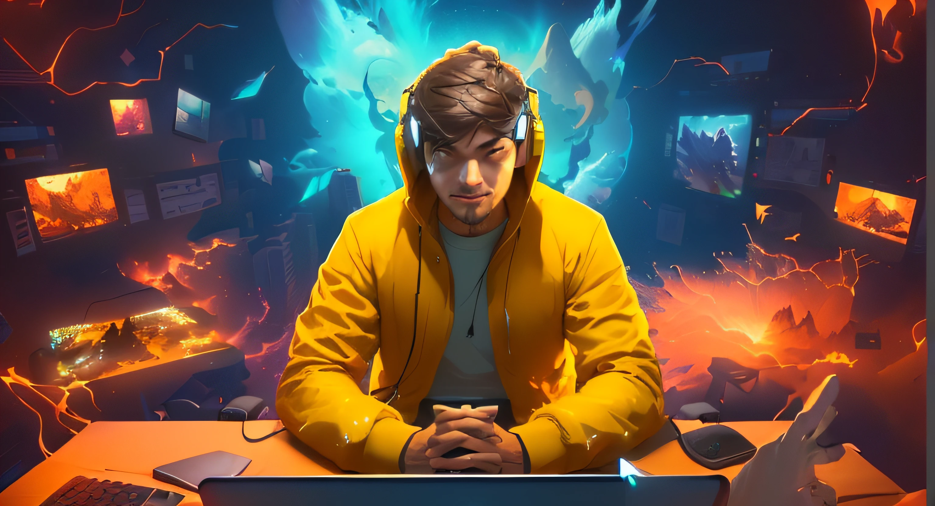 there is a man sitting at a desk with a laptop, cyril rolando and goro fujita, video game avatar, background artwork, inspired by Cyril Rolando, mrbeast, anton fadeev 8 k, twitch streamer / gamer ludwig, epic digital art illustration, godsent, in style of cyril rolando, profile picture 1024px