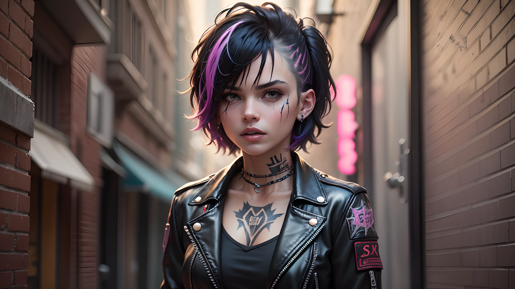 A Punk Rock-style woman in a dark, neon-lit alley, shaggy colored hair, black leather jacket with patches, visible tattoos on her arms, defiant expression, graffiti art, realistic brick wall painting, --auto --s2