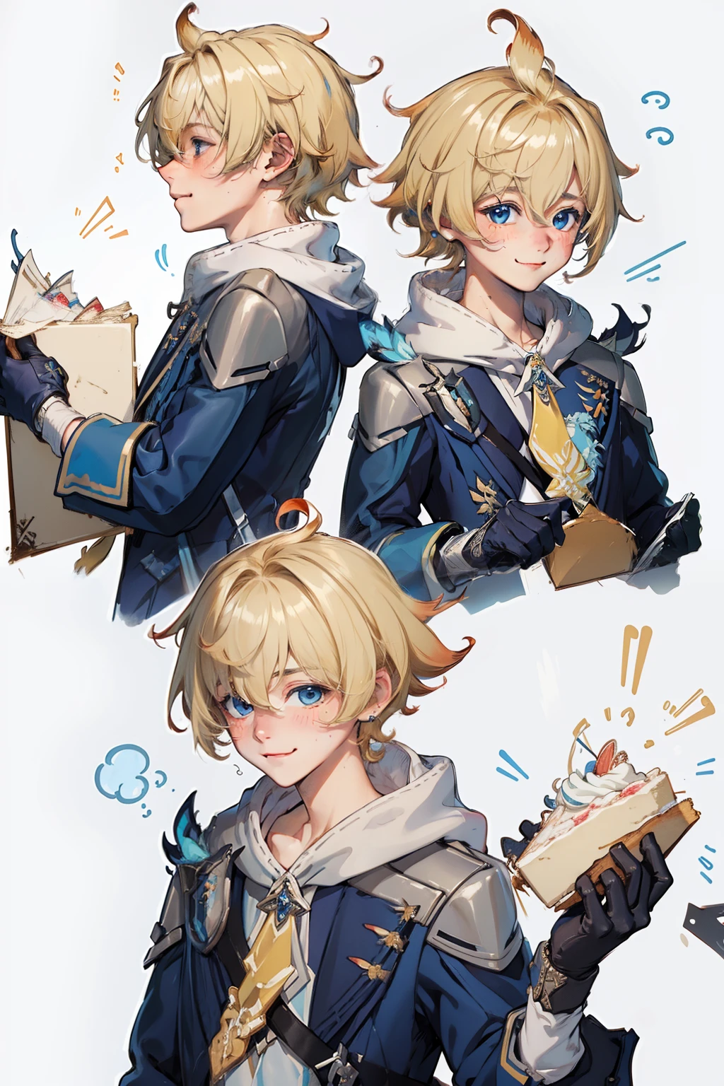 (masterpiece), (best quality), (ultra detailed),(disheveled hair),(illustration), (1boy), short blond hair, blue jacket, blushing, shy smile, holding a cake