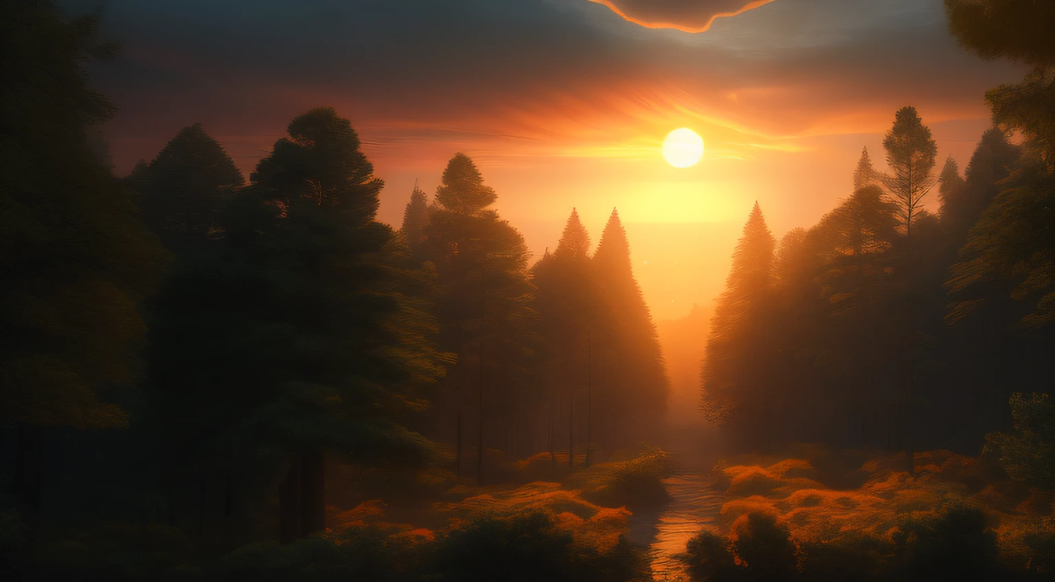 floresta, muitas arvores, cinematographic, 8k, ultra realistic, mistborn, Sunset Horizon, luz solar, Very detailed