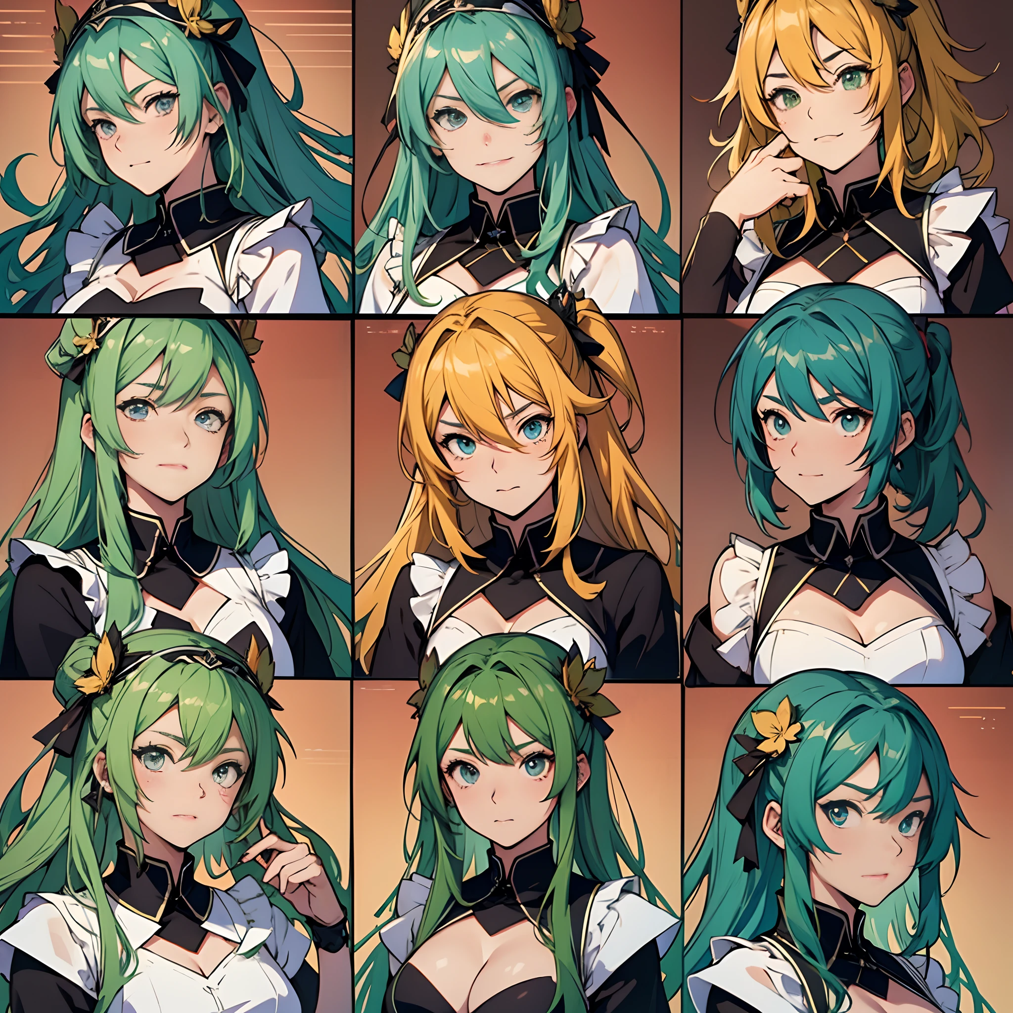 Anime style, greenhead woman style sheet, range of emotions expressions six views --auto --s2