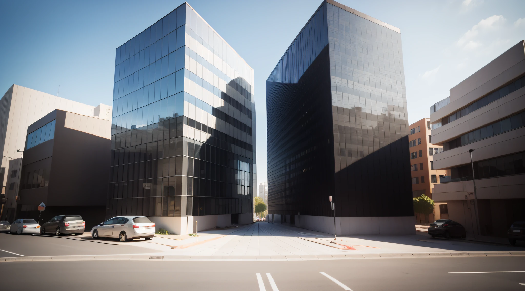 A complete 3D rendering of a building where the right half is a wireframe and the left half is a real image