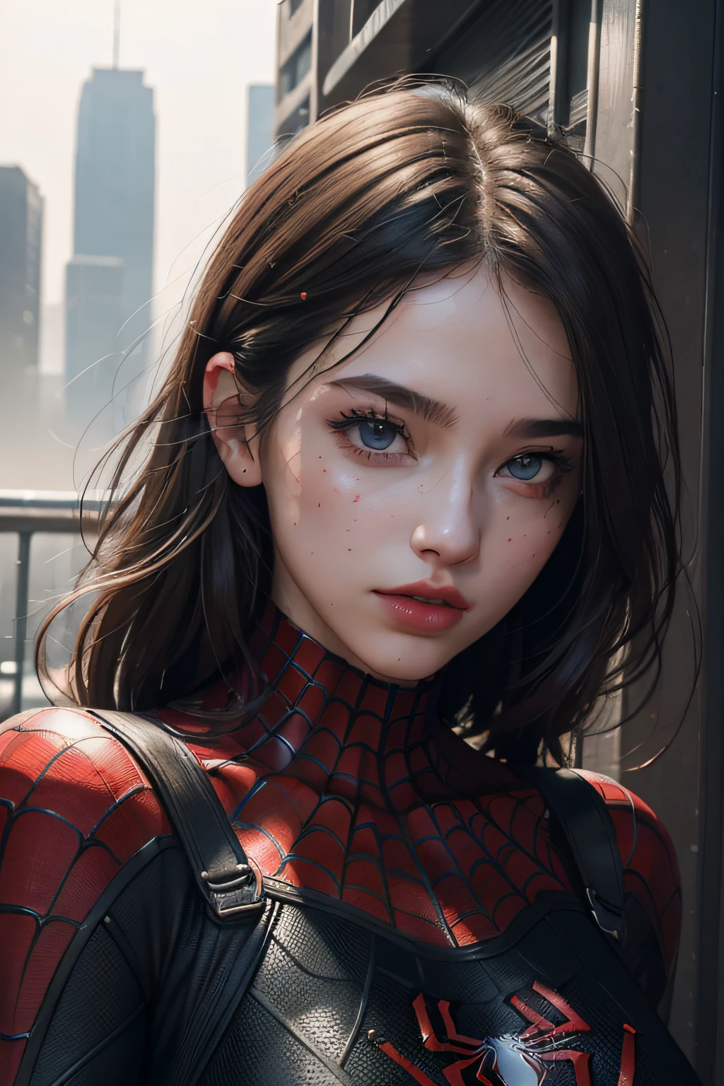 (1girl:1.3), Solo, (((Very detailed face)))), ((Very detailed eyes and face)))), Beautiful detail eyes, Body parts__, Official art, Unified 8k wallpaper, Super detailed, beautiful and beautiful, beautiful, masterpiece, best quality, original, masterpiece, super fine photo, best quality, super high resolution, realistic realism, sunlight, full body portrait, amazing beauty, dynamic pose, delicate face, vibrant eyes, (from the front), She wears Spider-Man suit, red and black color scheme, spider, very detailed city roof background, rooftop, overlooking the city, detailed face, detailed complex busy background, messy, gorgeous, milky white, highly detailed skin, realistic skin details, visible pores, clear focus, volumetric fog, 8k uhd, DSLR, high quality, film grain, fair skin, photo realism, lomography, futuristic dystopian megalopolis, translucent