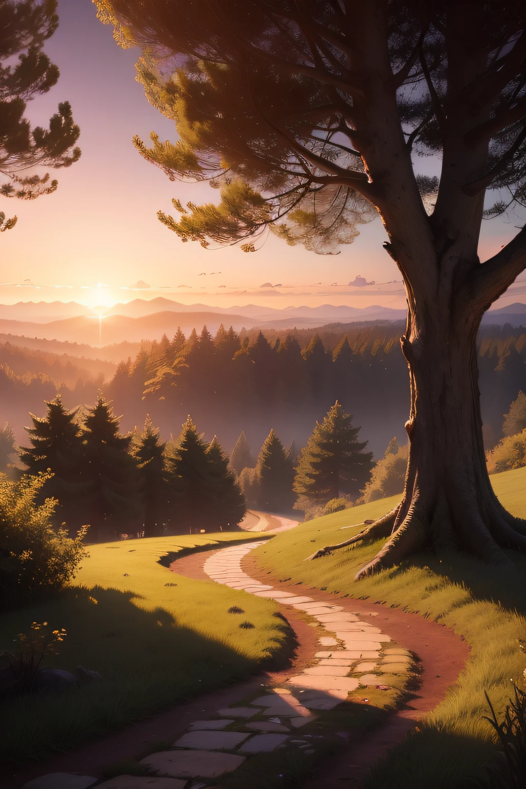 floresta, muitas arvores, cinematographic, 8k, ultra realistic, mistborn, Sunset Horizon, luz solar, Very detailed