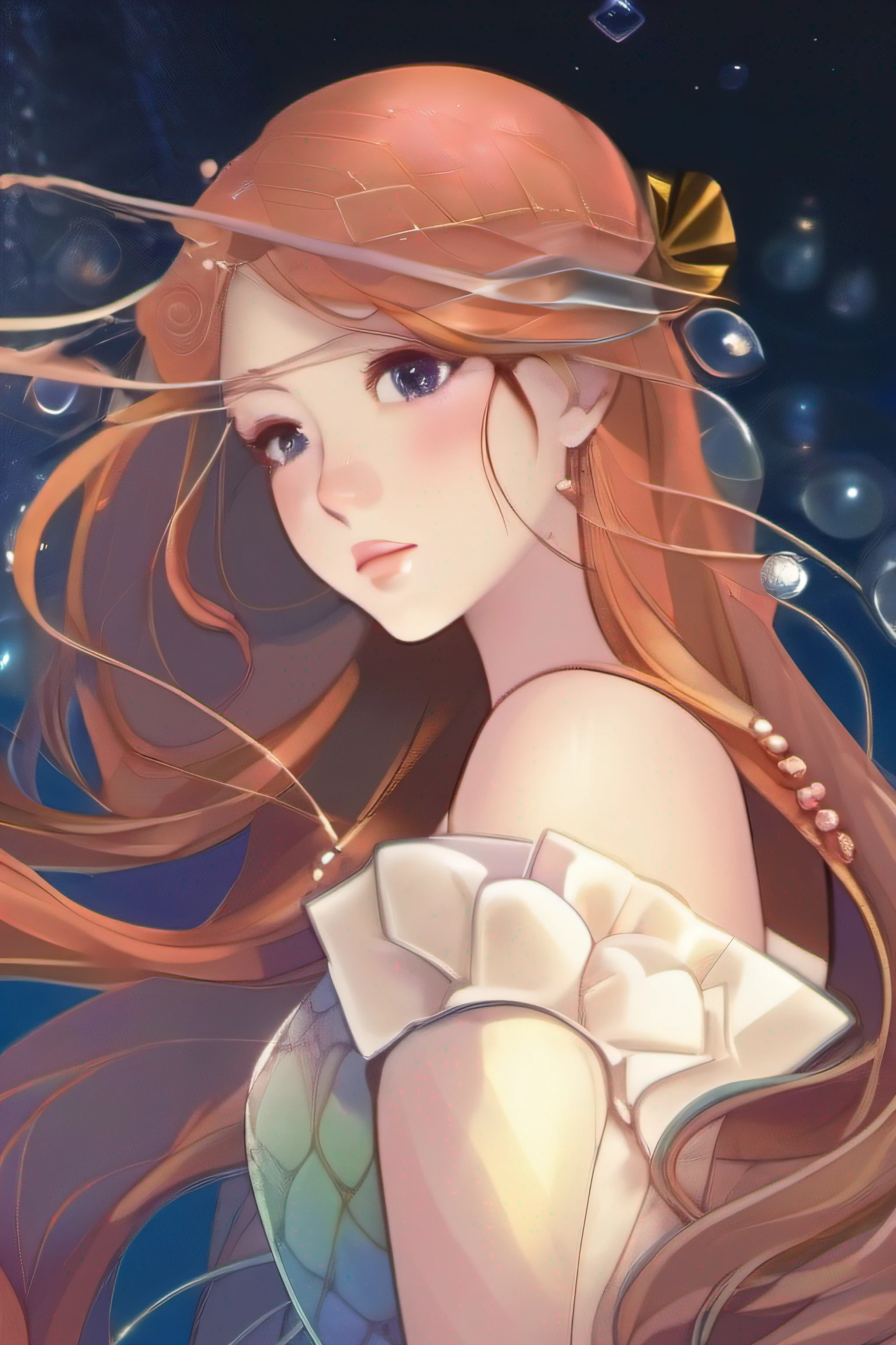 the ocean at night moonbow starrysky Shines blows wind (Little Mermaid) Holding a crystal ball ((beautiful countenance)) ((beautiful expression)) Eyes tinged with melancholy Neat face Precise proportions the golden ratio ((illustratio))