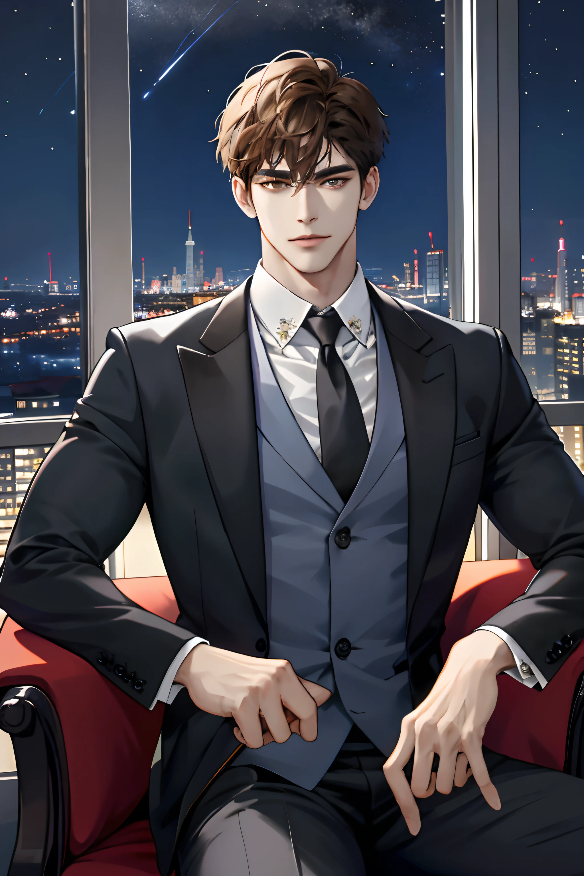 (hoang lap, k hd, ultra - detailed), (1male people, Single, AS-Adult,   mature:1.4, Idade:1.4, 年轻, Tall muscular man, Handsome), Very short hair, brunette color hair, Hair oil, with brown eye,(Pointed chin:1.4,Thick neck:1.4,),Break,Night,Dark,Look at the night view of the city through the large window,formal outfit,tiese,full bodyesbian,