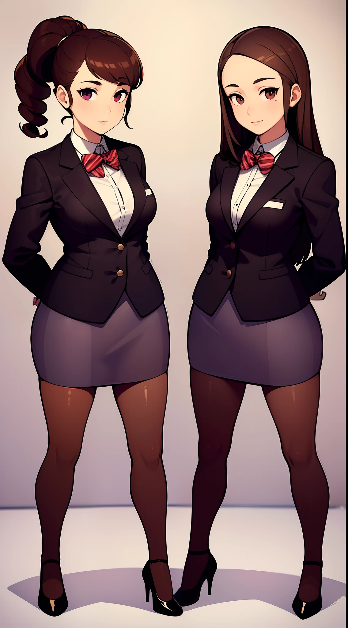 ((Masterpiece)), ((high quality)), brown hair, hazel eyes, ((2girls, duo, twins, clones, lockstep)), adult, office lady, skirt, blazer, updo, empty eyes, cybernetic headphones, blazer, pencil skirt, high heels, ((matching outfits, matching hairstyles)), looking at viewer, standing in front of viewer, shoulder to shoulder, same pose