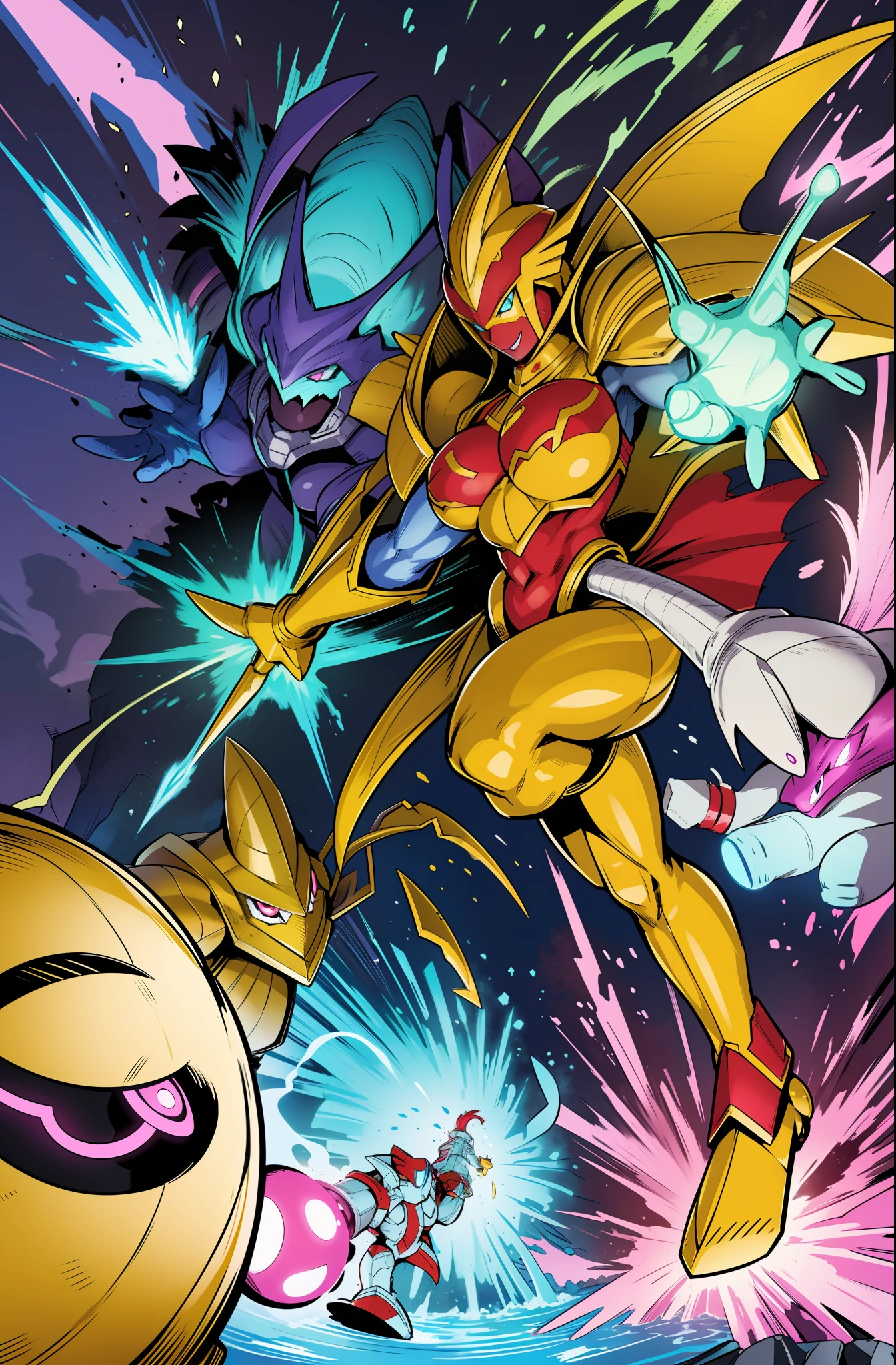 "Powerful barbarian with insect-like angelic armor, reminiscent of Digimon and Guyver, joins forces with a group of sentai heroes. The robot girl with huge breasts adds an overwhelming presence to the scene.",smile