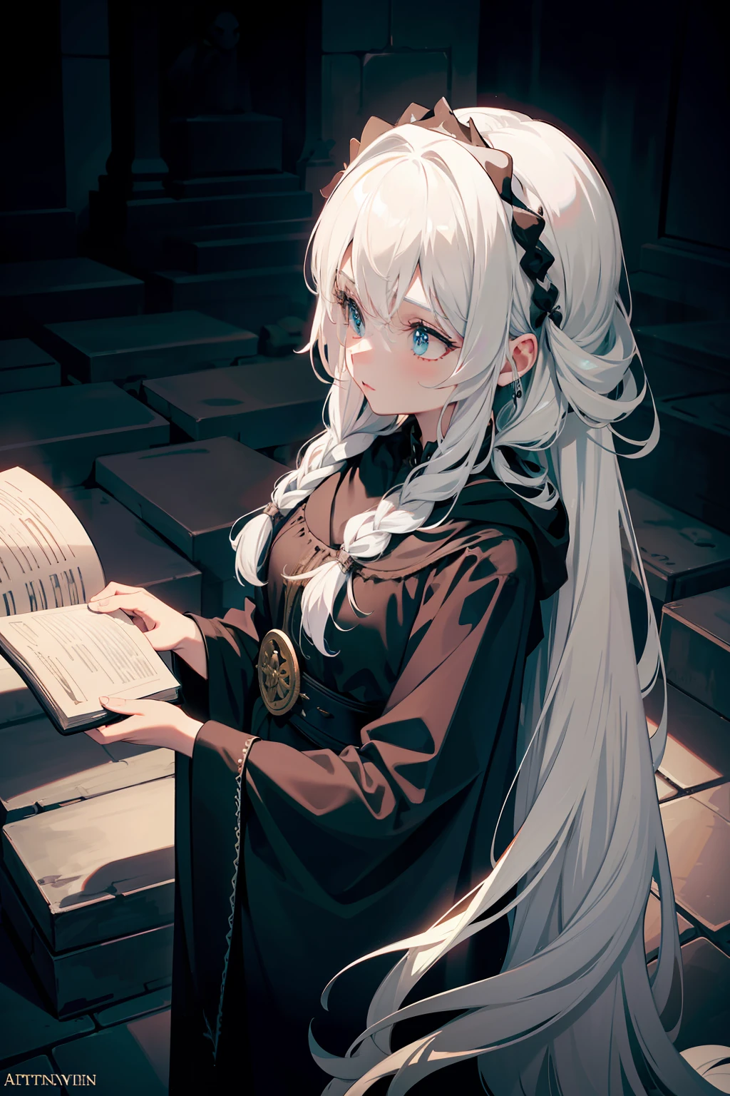 A royal sister, Wearing a black magic robe, Wears a black hood, In the grave, Look down at the tombstone, Deadwood, Ghastly, Holding a black magic book in his hand, The words in the magic book were strangely distorted, The magic book emits an eerie black mist, natta, long leges, full bodyesbian, Slim, White hair, Long hair, low twin braids, Cinematic lighting, From above, From the side Side, Anatomically correct, Masterpiece, Best quality, Super detail, Award-Awarded, A high resolution