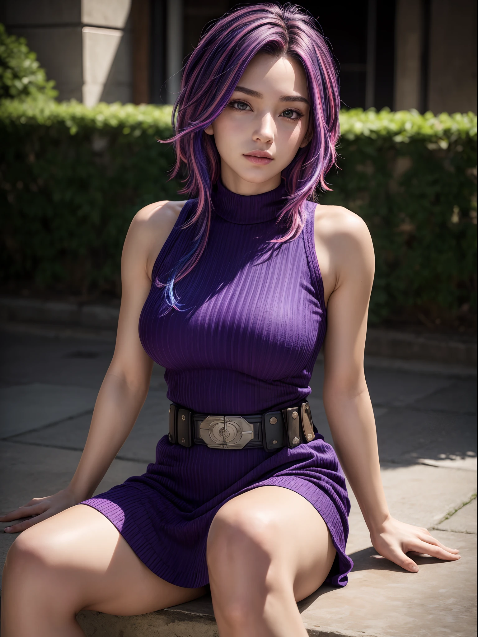 (masterpiece, best quality:1.4), (sitting:1.2), (full body:1), (dynamic pose:0.8), 1girl, solo, (european youth:1), lady nagant, boku no hero academia, (purple hair), (multicolored hair), (purple eyes), black dress, sleeveless, breasts, belt, medium breasts, city park, looking at viewer, beautifull smile, beautiful face, highly detailed face, highly detailed eyes, highly detailed skin, skin pores, subsurface scattering, realistic pupils, full face blush, full lips, detailed background, depth of field, volumetric lighting, sharp focus, absurdres, realistic proportions, good anatomy, (realistic, hyperrealistic:1.4), 16k hdr,