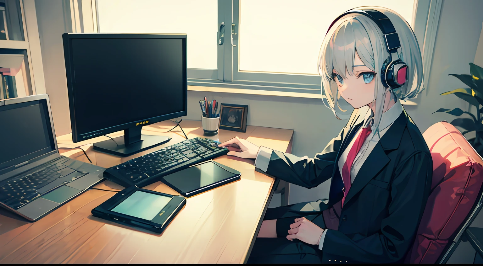 Anime girl with headphones sitting on laptop table, lofi-girl, lofi artstyle, lofi art, lofi vibes, lofi feel, adult lady、silber hair、25-years old、Business suits、lofi hip hop, lofi, chillhop, lofi girl aesthetic, lofi portrait, Lofivibe, lofi color, anime vibes, The aesthetics of the lofi