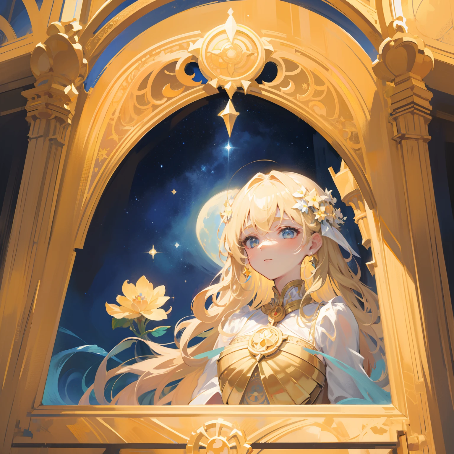European woman face portrait, long curly hair, blonde, flower frame, decorative panels, abstract art, Alphonse Mucha (masterpiece, best quality, high resolution: 1.4), detailed, intricate details, 4K, color splashes, line art, Fibonacci, starry sky, night, outdoor, clouds, reflection, water, magic, tarot, water magic, sorceress, ((beautiful golden crystal star)) architecture, palace, patterns, Sumeru, clouds, moon