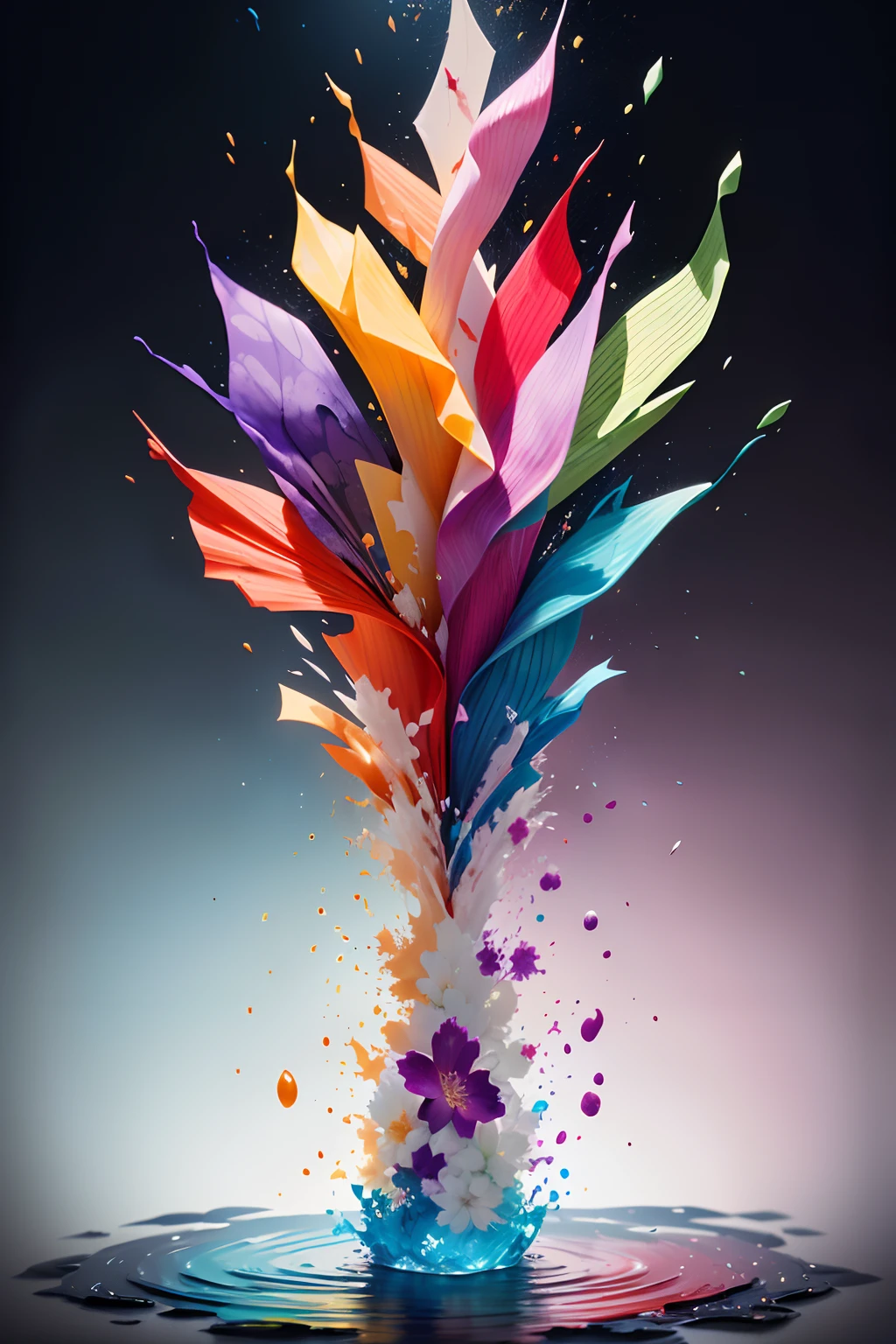 burst,feater,blossoms,origami,Details are highlighted,siluette,water ink,ink water,ink cloud,flowing,Sprinkle color,loose painting style,Complicated details,电影灯光,rendering by octane,8k render,Volumetriclighting