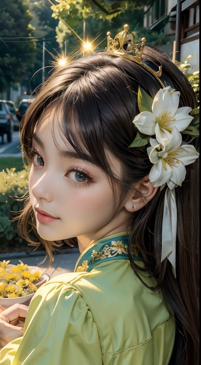 Beautiful long hair cute Chinese modern girl,Twenty-two years old,(face round:1.3),A shallow shy smile,（large black eyes）,（Very detailed and perfect facial depiction）,(Long dark brown hair:1.1),（Half-body appearance）, （Big birthday cake in front of you:1.2), A shiny crown is worn on his head，Light silk fabric in light grass green, facing to audience，(From the bottom view side), Birthday is being celebrated, Happy look,(A variety of flowers:1.2),（surrounded by flower:1.2), happy birthay, Beautiful girl,（light and shadow effect）,（vivd colour）,（Color splattering）,（Obvious layers）,（Ink painting style）,（Photography Award）,（8k wallpaper）,（Masterpiece）,（best qualtiy）,A picture,realisticlying
