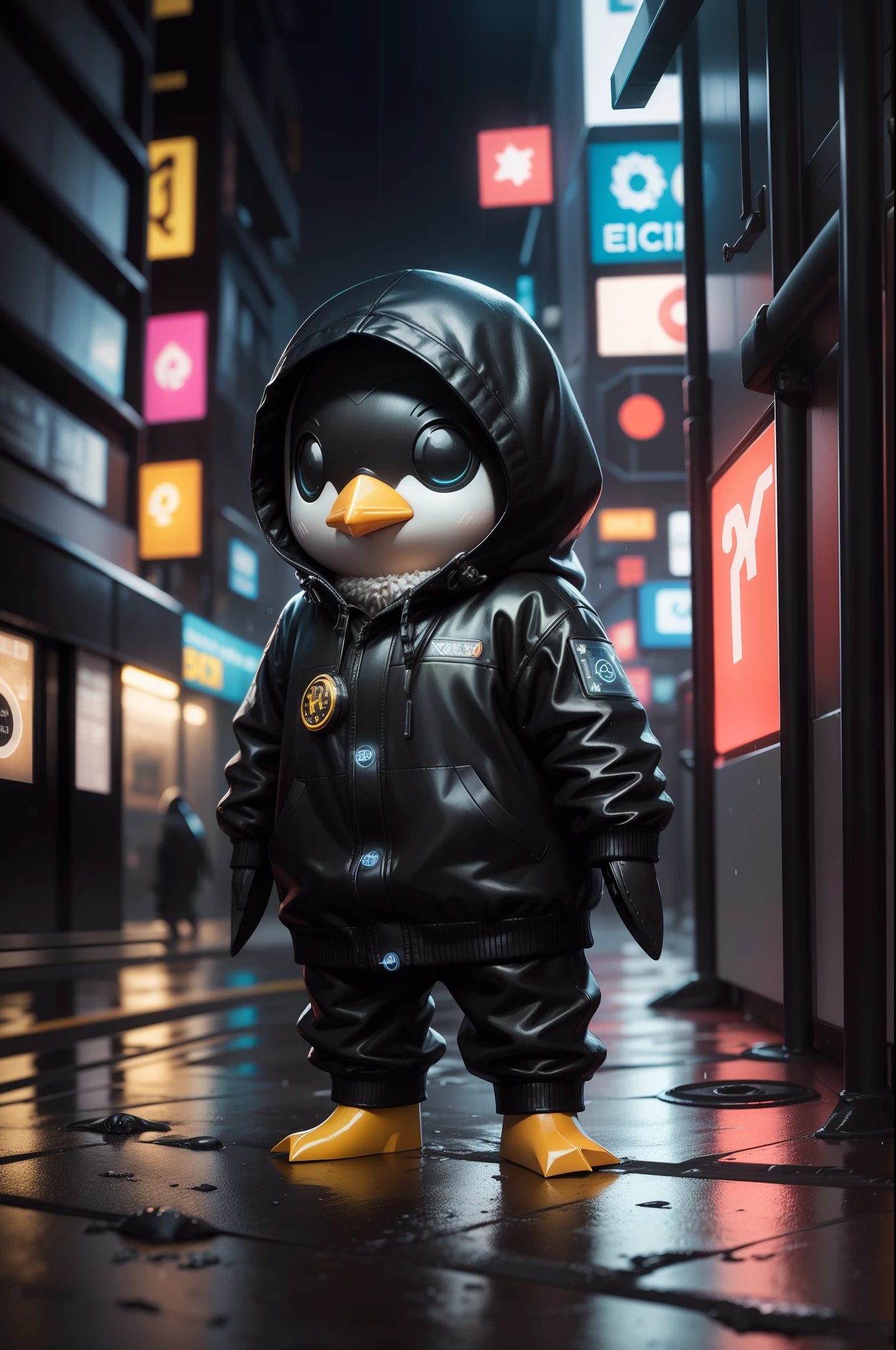 Little Penguin Stuffed 3D, Wet, (Cyberpunk:1.1), Chuva, colar de bitcoin, epic realistic, Rutkowski, HDR, detalhes intrincados, hiperdetalhado, cinemactic, Anel luminoso, cores silenciadas, bitcoin