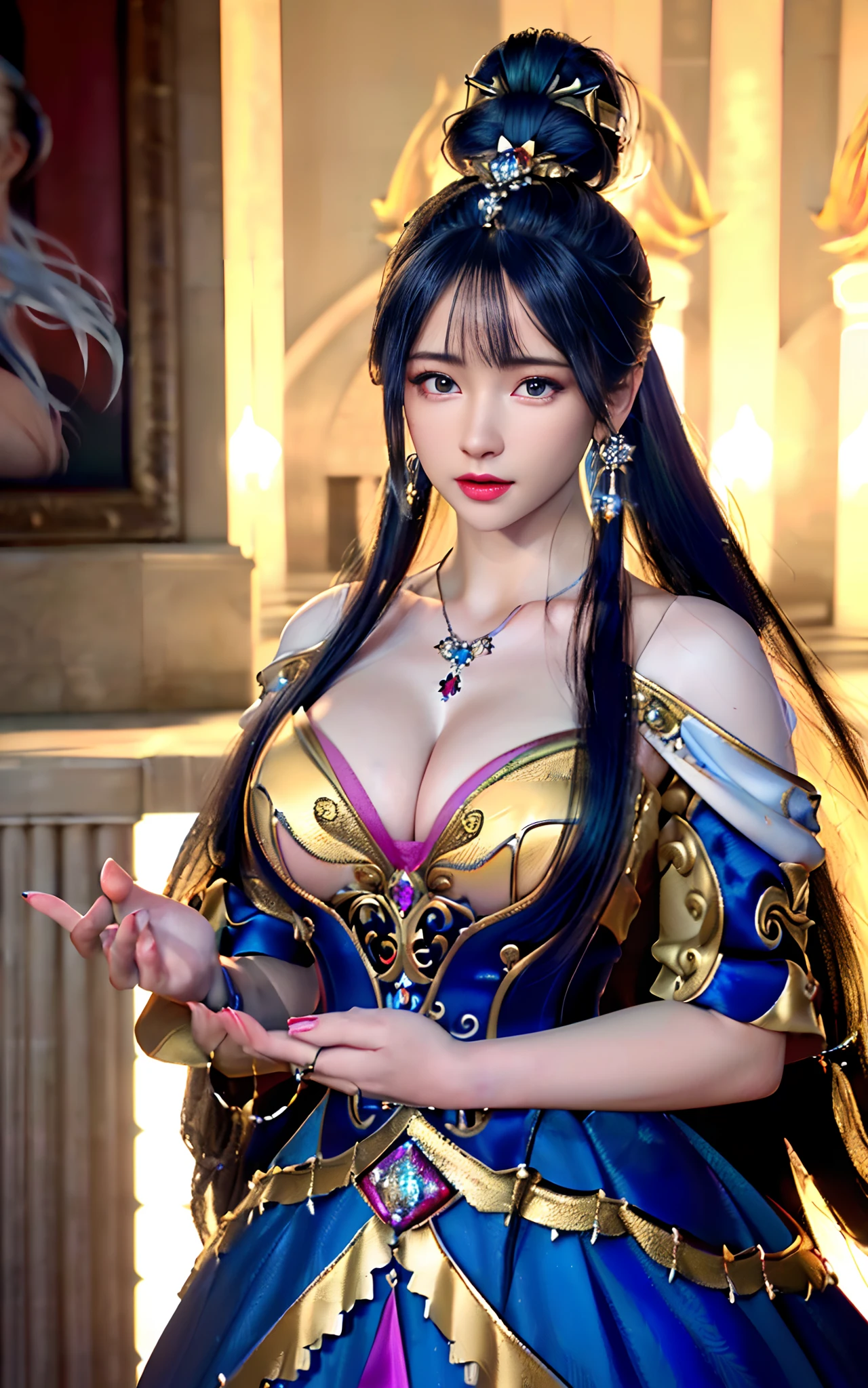 realisticity: 1.2)), ((realistic: 8K UHD)), ((best resolution: 8K UHD)), hyper detailed, best quality,masterpiece,highres,cg, ((1 girl hyper detailed and hyper realistic) ) , ((beautiful queen, hyper realistic and hyper detailed)),((white skin, beautiful, smooth, youthful, hyper realistic and hyper detailed )), ((Face hyper beautiful, white, hyper realistic and hyper detailed ) ), long hair, ((hyper realistic and hyper detailed dress)), solo, ((hyper realistic, hyper beautiful, beautiful and hyper detailed jewelry)), ((hyper beautiful deep red and golden yellow dress, hyper realistic and hyper detailed )) , ((Her pretty, hyper realistic, hyper detailed diamond filled earrings)), ((Her gorgeous diamond haircut, hyper realistic and hyper detailed)), ((hyper pretty upper body, hyper beautiful, hyper realistic and hyper detailed) ), ((medium breast: 1.5)), ((hyper realistic, hyper pretty, hyper detailed boobs)), ((the backgroun of the royal palace is hyper majestic, hyper realistic and hyper detailed)),((hands and palms hyper beautiful, hyper detailed, hyper realistic)), ((hyper detailed and hyper realistic fingers and fingernails)), ((posture not too fat and not too thin, hyper realistic, hyper detail)), ((hyper pretty, hyper pretty, hyper realistic and hyper detailed hair bun)), ((hyper pretty , hyper realistic and hyper detailed blue hair)), candid, Photo, high resolution, 8k , bokeh,