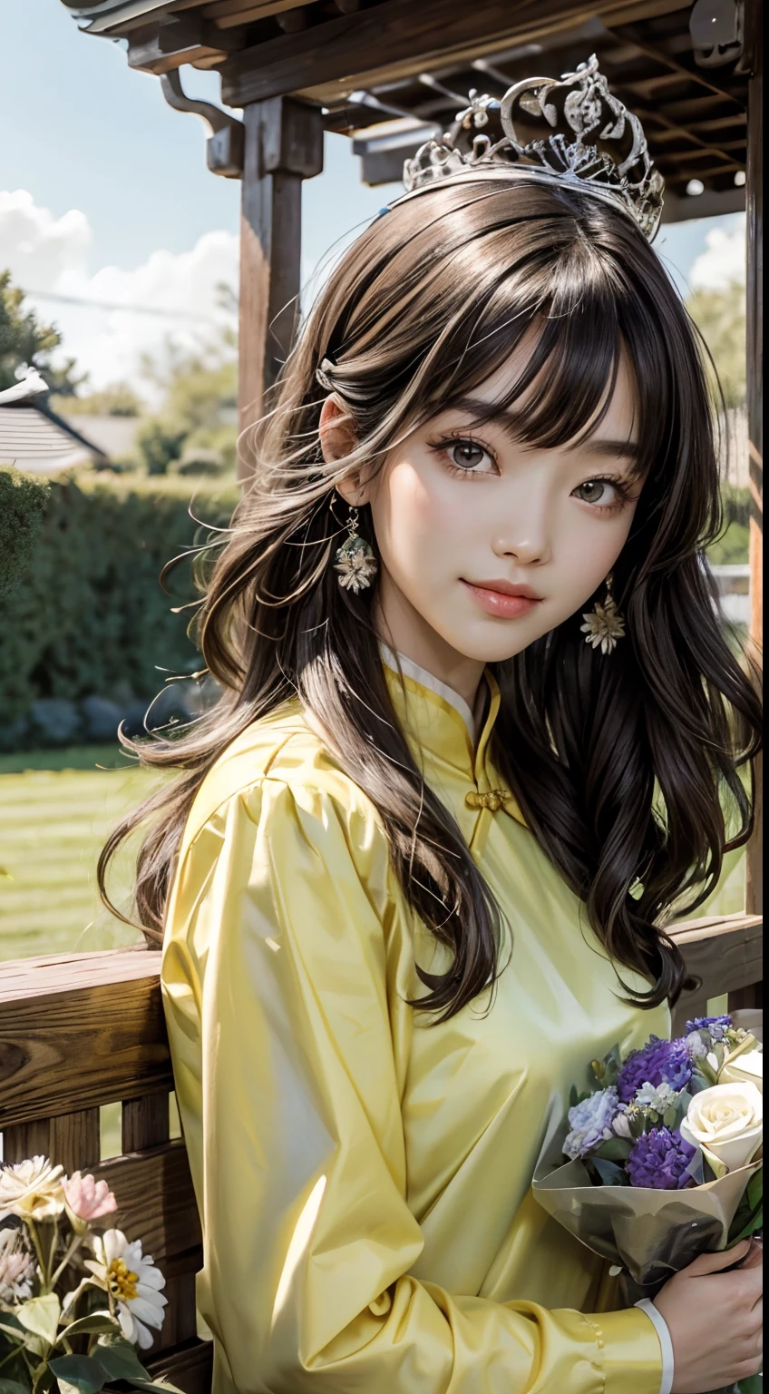 Beautiful long hair cute Chinese modern girl,Twenty-two years old,(face round:1.3),A shallow shy smile,(large black eyes),(Very detailed and perfect facial depiction),(Long dark brown hair:1.1),(Half-body appearance), (Big birthday cake in front of you:1.2), A shiny crown is worn on his head,Light silk fabric in light grass green, facing to audience,(from bottom view side), Birthday is being celebrated, Happy look,(A variety of flowers:1.2),(surrounded by flower:1.2), happy birthay, Beautiful girl,(light and shadow effect),(vivd colour),(Color splattering),(Obvious layers),(Ink painting style),(Photography Award),(8k wallpaper),(Masterpiece),(best qualtiy),A picture,realisticlying