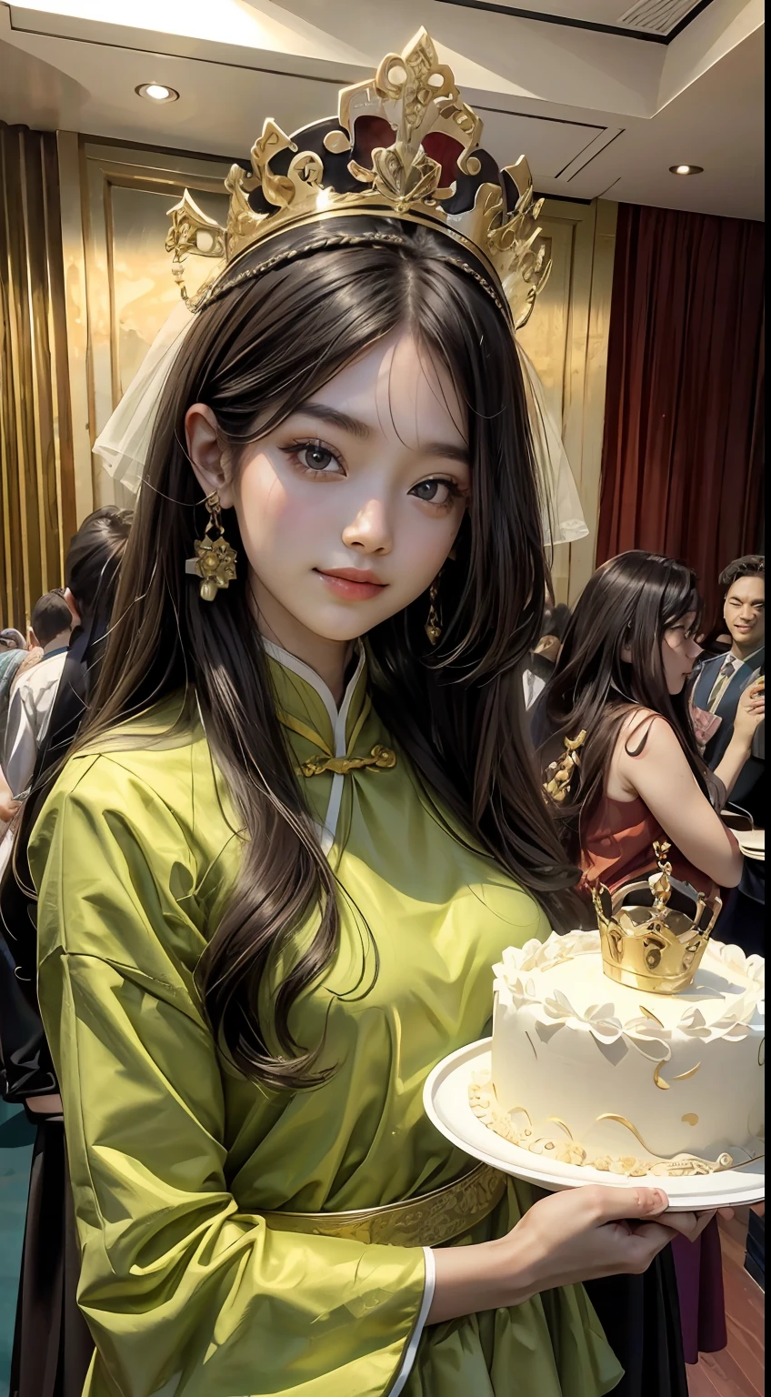 Beautiful long hair cute Chinese modern girl,Twenty-two years old,(face round:1.3),A shallow shy smile,(large black eyes),(Very detailed and perfect facial depiction),(Long dark brown hair:1.1),(Half-body appearance), (Big birthday cake in front of you:1.2), A shiny crown is worn on his head,Light silk fabric in light grass green, facing to audience,(from bottom view side), Birthday is being celebrated, Happy look,(A variety of flowers:1.2),(surrounded by flower:1.2), happy birthay, Beautiful girl,(light and shadow effect),(vivd colour),(Color splattering),(Obvious layers),(Ink painting style),(Photography Award),(8k wallpaper),(Masterpiece),(best qualtiy),A picture,realisticlying