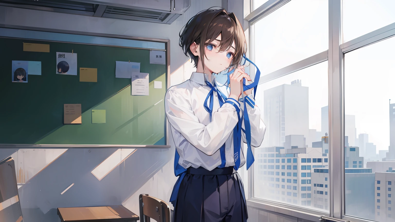 Boy with his hands tied with a blue ribbon、brown haired、Short-haired boy、Hands tied、Troubled face、The shirt、Boys' High School Uniforms、BDSM、SM、Empty classroom