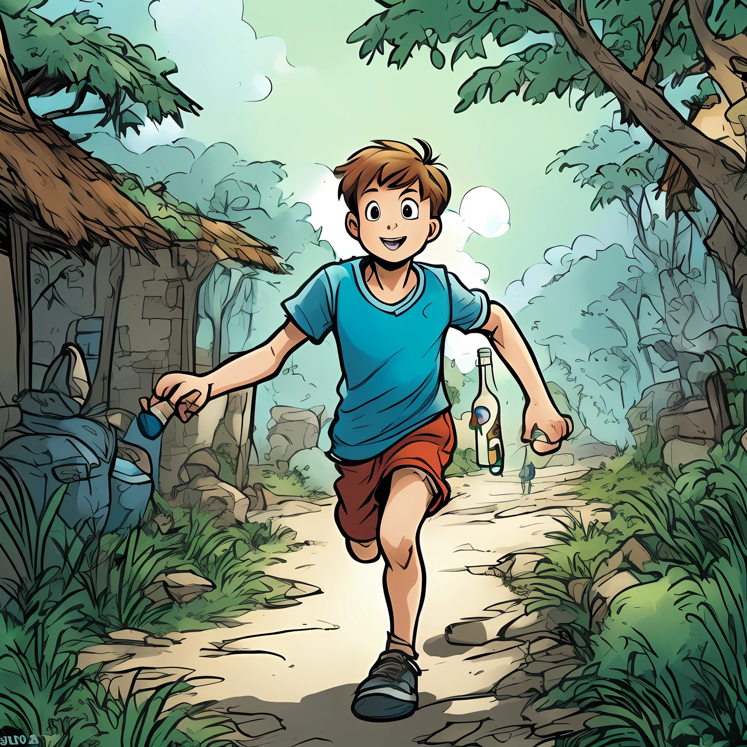 A boy finds a glowing bottle in the forest, Official art, childrenbook illustration, childrens book illustration、 concept art of single boy, Diego 5, illustration for children, Promotional Art, story book illustration, Correr libremente, childrenbook illustration, tom holland: Peter Pan, epic full color illustration