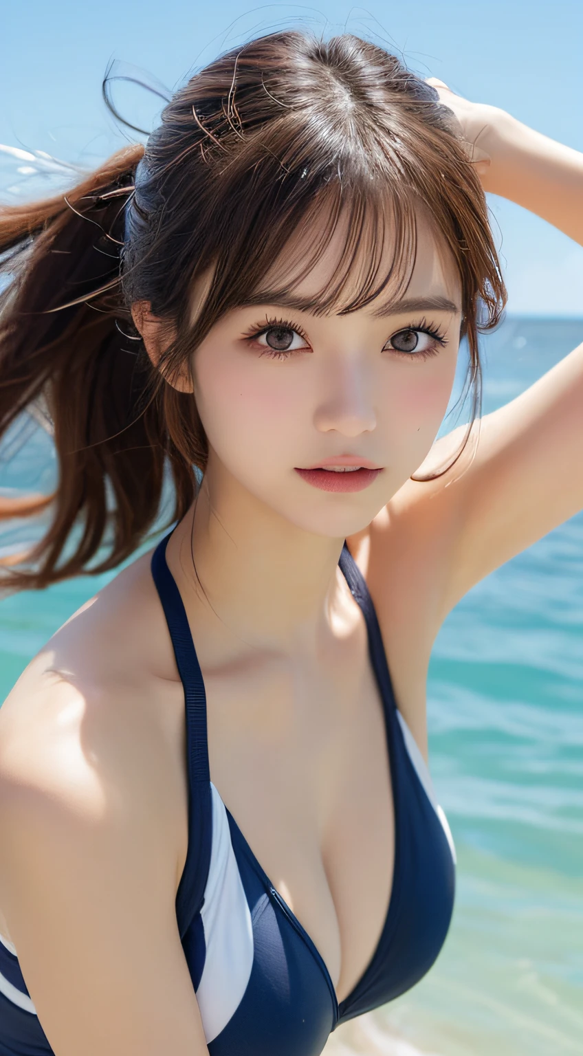 masutepiece, Best Quality, Illustration, Ultra-detailed, finely detail, hight resolution, 8K Wallpaper, Perfect dynamic composition, Beautiful detailed eyes, Swimsuit, Natural Color Lip,Beach, Random and cute poses