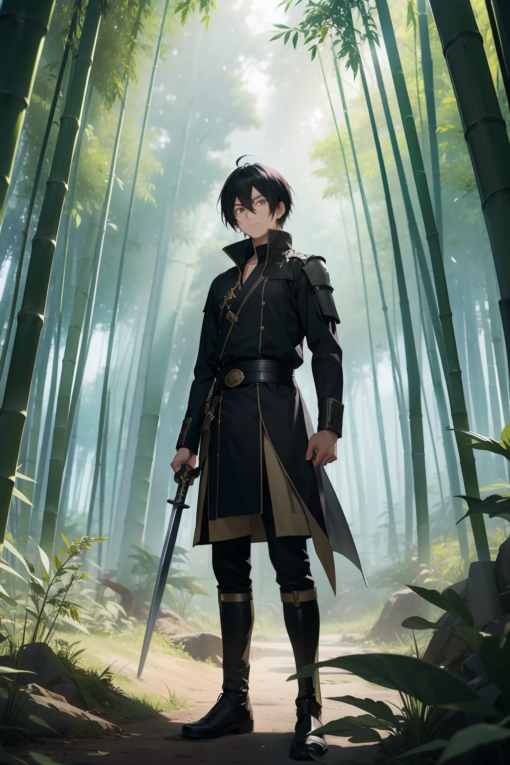 Very detailed anime male:1.5,Black color hair,with brown eye,Standing in the center with an iron sword in hand,Surrounded by several defeated weak monsters。He looked at a piece of equipment on the ground in amazement,Eyes shining with joy,bamboo forrest,In the daytime