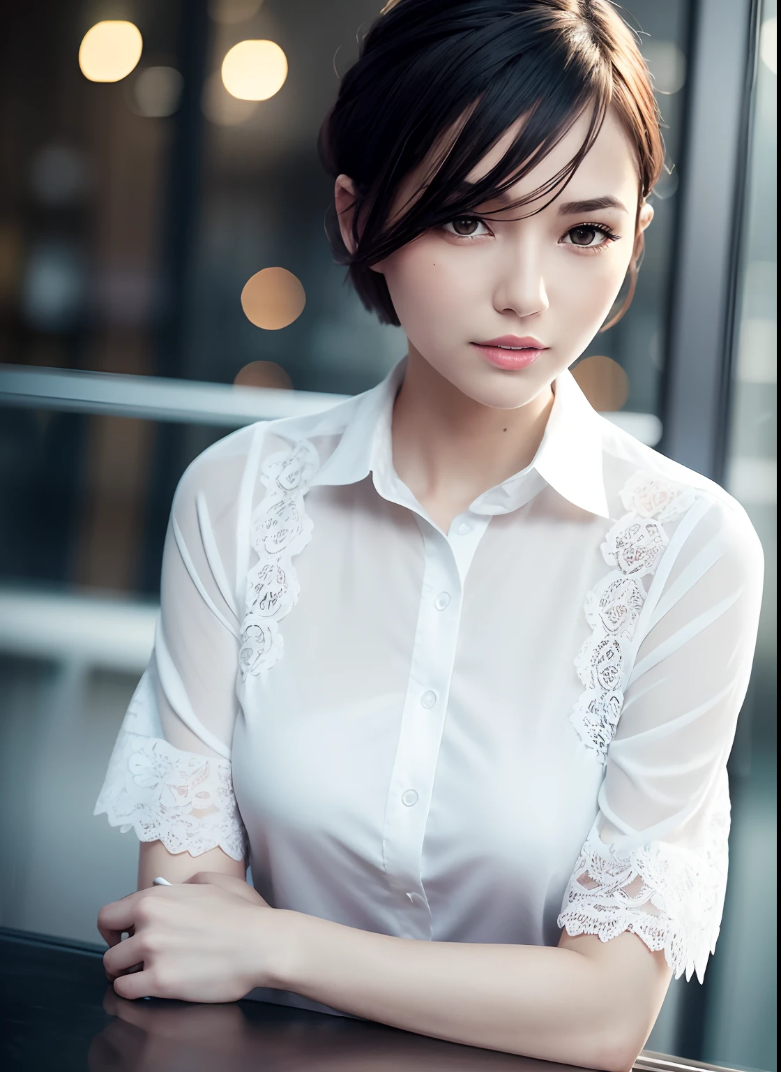 (8k, Best Quality, Masterpiece: 1.2), (Realistic, Photorealistic: 1.37), Super Detailed, 1 Girl, Cute, Alone, Beautiful Detailed Sky, Detailed Cafe, Night, Sitting, Date, ( Nose blush), (smile: 1.15), (close mouth) small , beautiful details, (collared shirt: 1.1), night, wet, business wear, rain, white lace, (short hair: 1.2), floating Hair NovaFrogStyle,