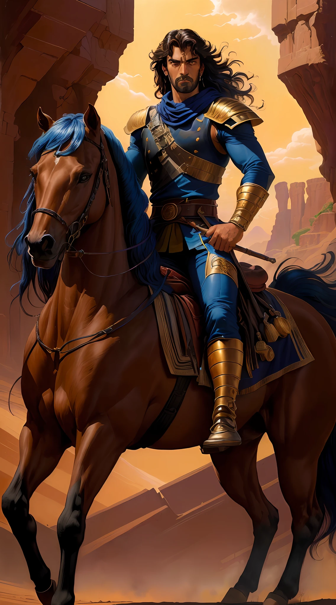 Homem arafed de olhos fixos para frente em uma roupa azul montando um cavalo marrom, Arsen Lupin como um paladino, virgil finlaytim hildebrandt, Ozymandias, inspirado em Joe Jusko, Directed by: Tim Hildebrandt, collectible card art, dragonlance illustration, Cavalo Guerreiro, Directed by: Juan O'Gorman, inspired by the Brothers Hildebrandt, Estilo de Tim Hildebrandt