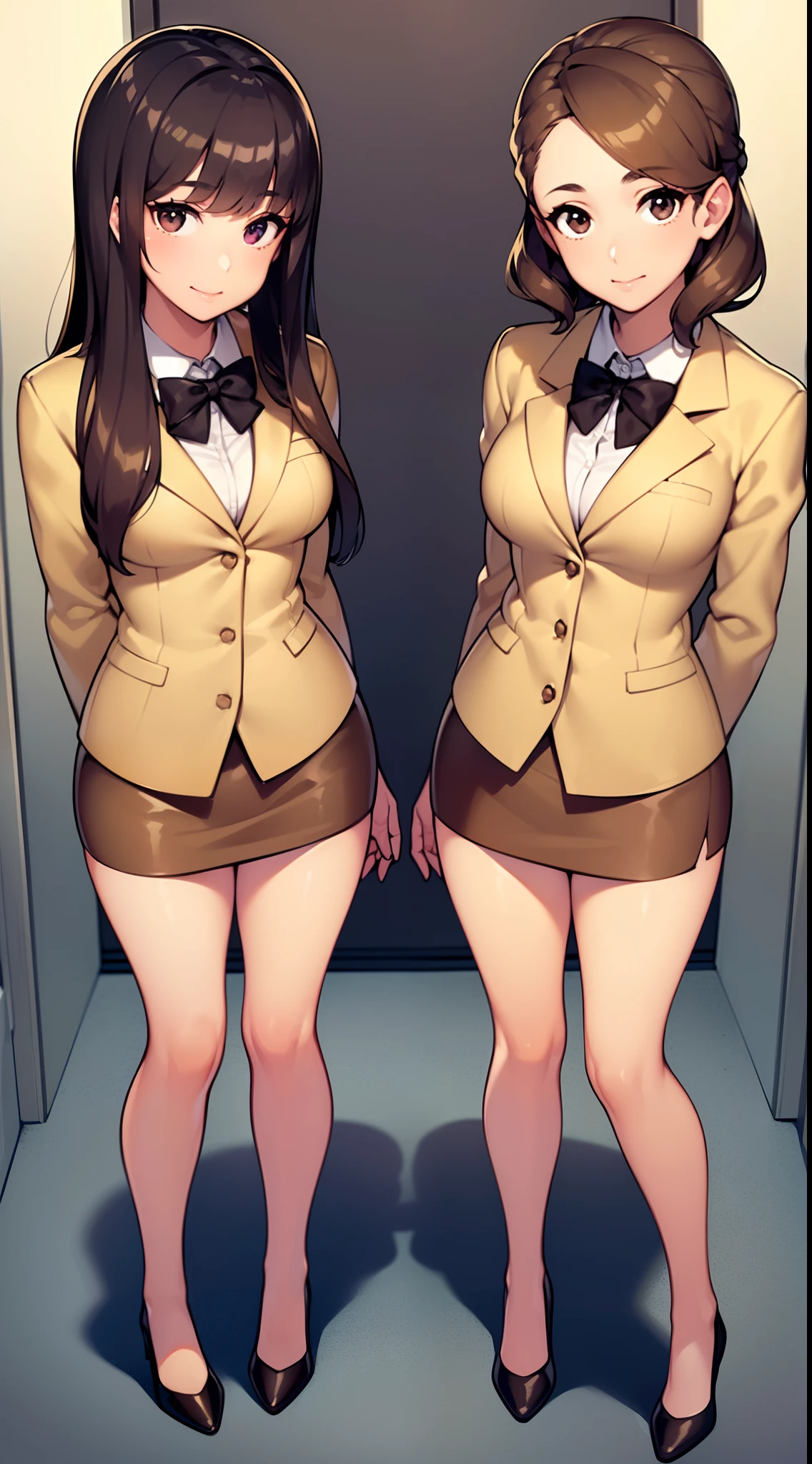 ((Masterpiece)), ((high quality)), brown hair, hazel eyes, ((2girls, duo, twins, clones, lockstep)), adult, office lady, skirt, blazer, updo, empty eyes, cybernetic headphones, blazer, pencil skirt, high heels, uniform, ((matching outfits, matching hairstyles)), looking at viewer, standing in front of viewer, shoulder to shoulder, same pose