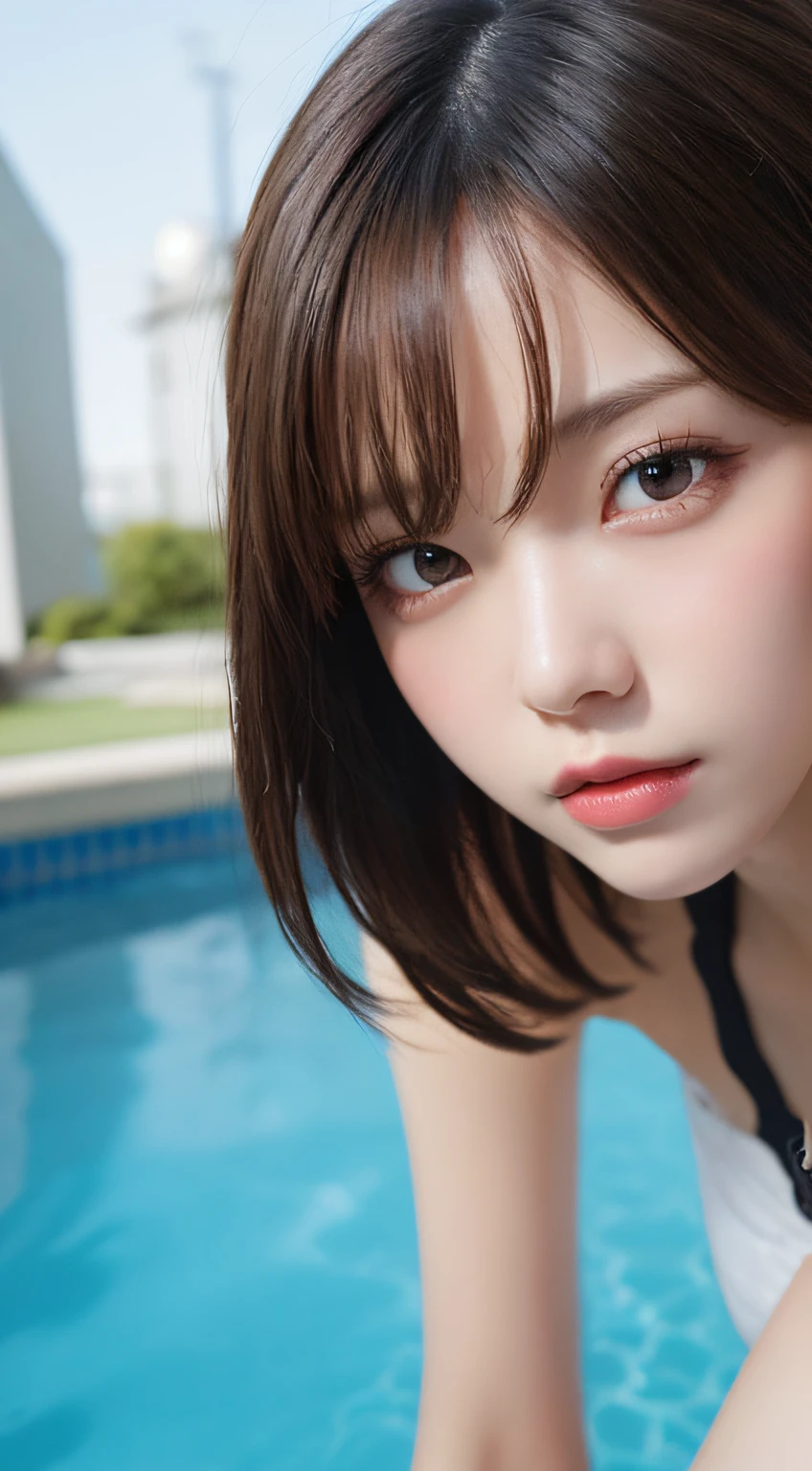 masutepiece, Best Quality, Illustration, Ultra-detailed, finely detail, hight resolution, 8K Wallpaper, Perfect dynamic composition, Beautiful detailed eyes , Pool, Sexy face