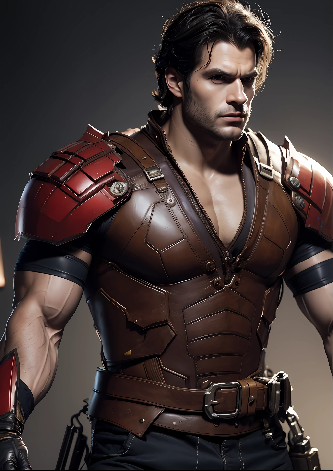 Henry Cavill, (muscular body:1.2), as Wolverine, Marvel, steampunk suit, elegant, corona render,