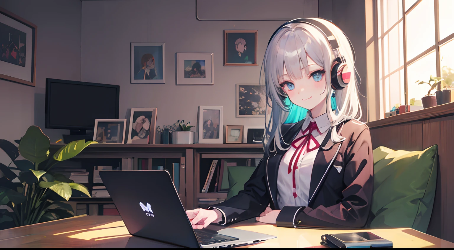 Anime girl with headphones sitting on laptop table, lofi-girl, lofi artstyle, lofi art, lofi vibes, lofi feel, adult lady、silber hair、a smile、25-years old、Business suits、lofi hip hop, lofi, chillhop, lofi girl aesthetic, lofi portrait, Lofivibe, lofi color, anime vibes, The aesthetics of the lofi