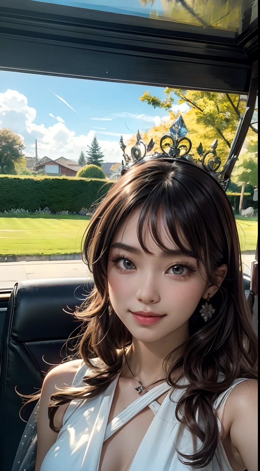 Beautiful long hair cute Chinese modern girl,Twenty-two years old,(face round:1.3),A shallow shy smile,（large black eyes）,（Very detailed and perfect facial depiction）,(Long dark brown hair:1.1),（Half-body appearance）,A shiny crown is worn on his head，Light silky fabric in light grass green, （Beautifully decorated birthday cake:1.2), facing to audience，From below, Birthday is being celebrated, Happy look,(A variety of flowers:1.2),（surrounded by flower:1.2), happy birthay,good luck,joy,Sprinkle flowers,Beautiful girl,（light and shadow effect）,（vivd colour）,（Color splattering）,（Obvious layers）,（Ink painting style）,（Photography Award）,（8k wallpaper）,（Masterpiece）,（best qualtiy）,A picture,realisticlying