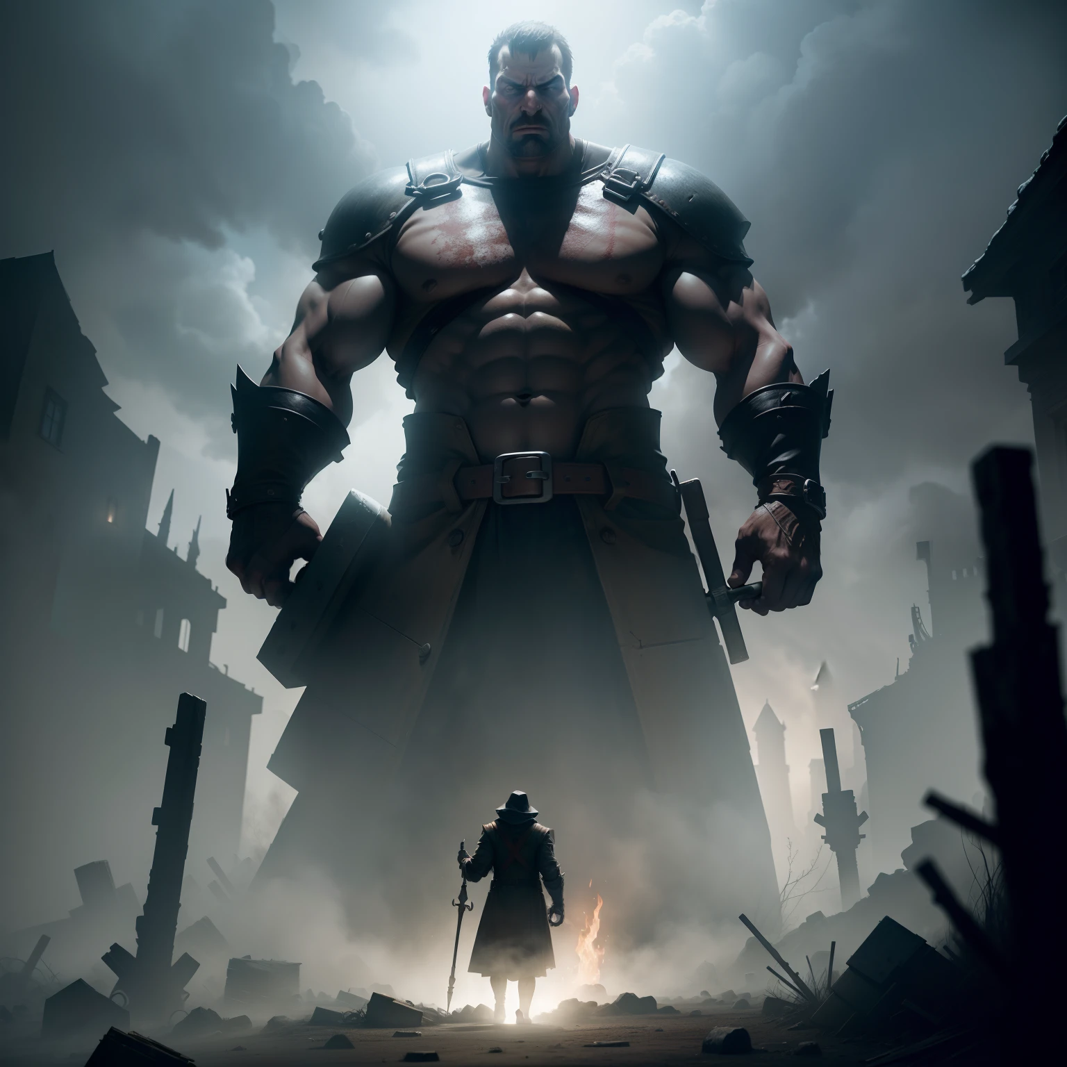 der riese,Hand-held giant hammer,Many hands,mystical ambiance