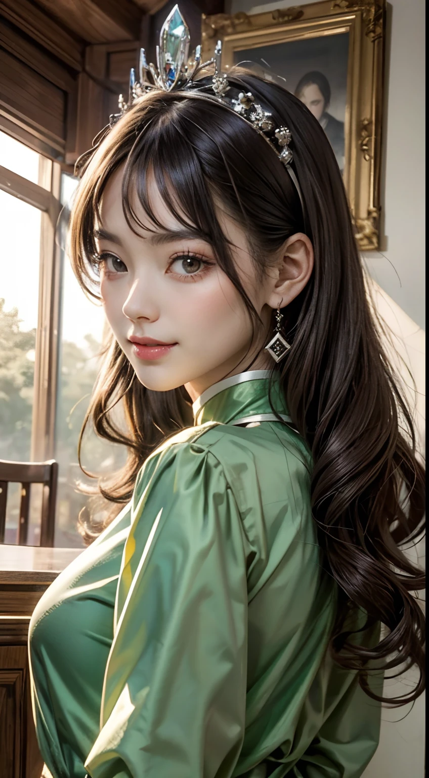 Beautiful long hair cute Chinese modern girl,Twenty-two years old,(face round:1.3),A shallow shy smile,(large black eyes),(Very detailed and perfect facial depiction),(Long dark brown hair:1.1),(Half-body appearance),A shiny crown is worn on his head,Light silky fabric in light grass green, (Beautifully decorated birthday cake:1.2), facing to audience,From below, Birthday is being celebrated, Happy look,(A variety of flowers:1.2),(surrounded by flower:1.2), happy birthay,good luck,joy,Sprinkle flowers,Beautiful girl,(light and shadow effect),(vivd colour),(Color splattering),(Obvious layers),(Ink painting style),(Photography Award),(8k wallpaper),(Masterpiece),(best qualtiy),A picture,realisticlying